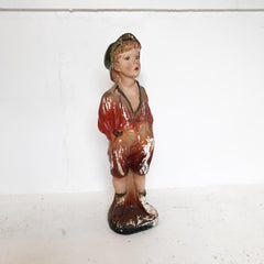 Post Depression Era Whistling Boy Plaster Statue in Original Painted Finish