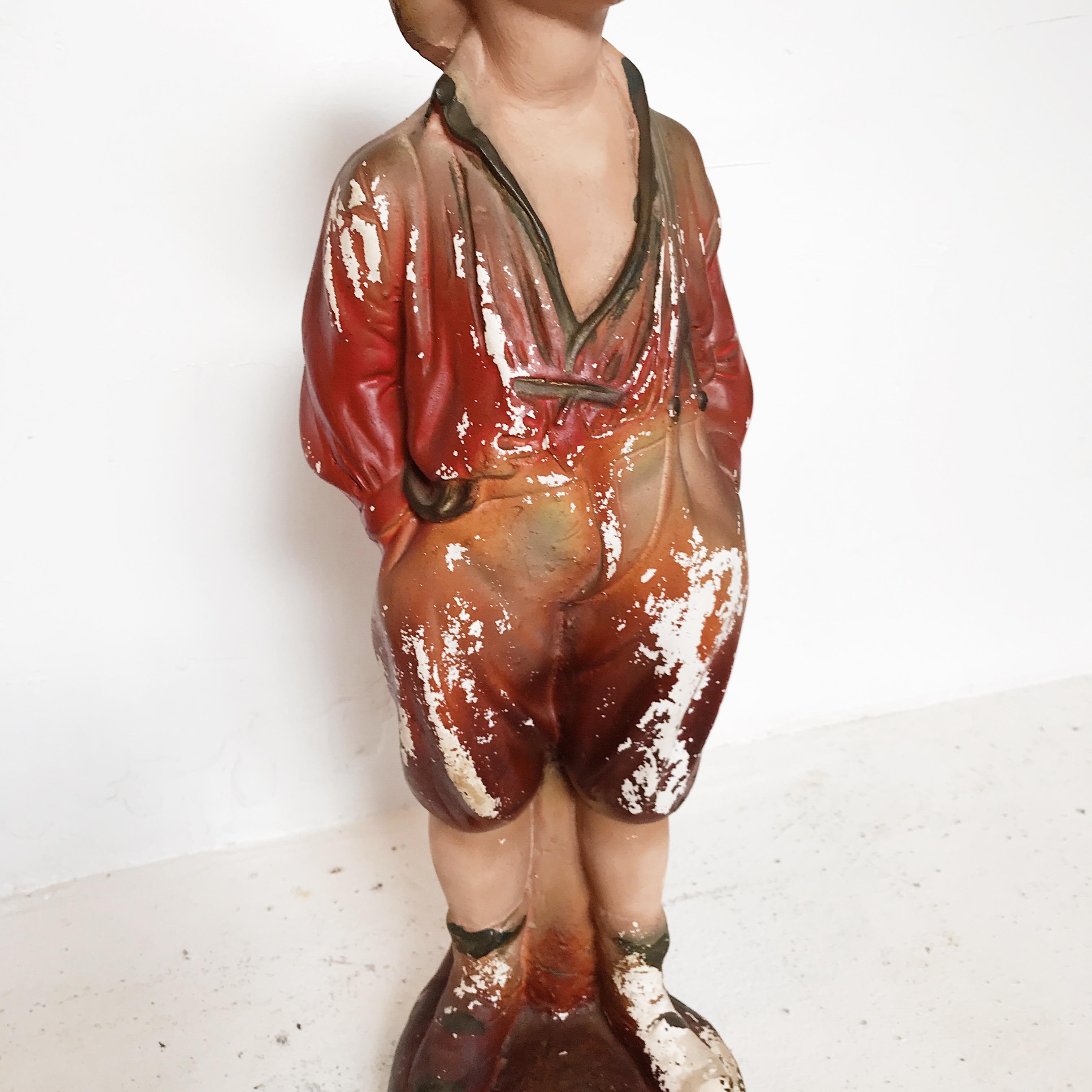 Art Deco Post Depression Era Whistling Boy Plaster Statue in Original Painted Finish For Sale