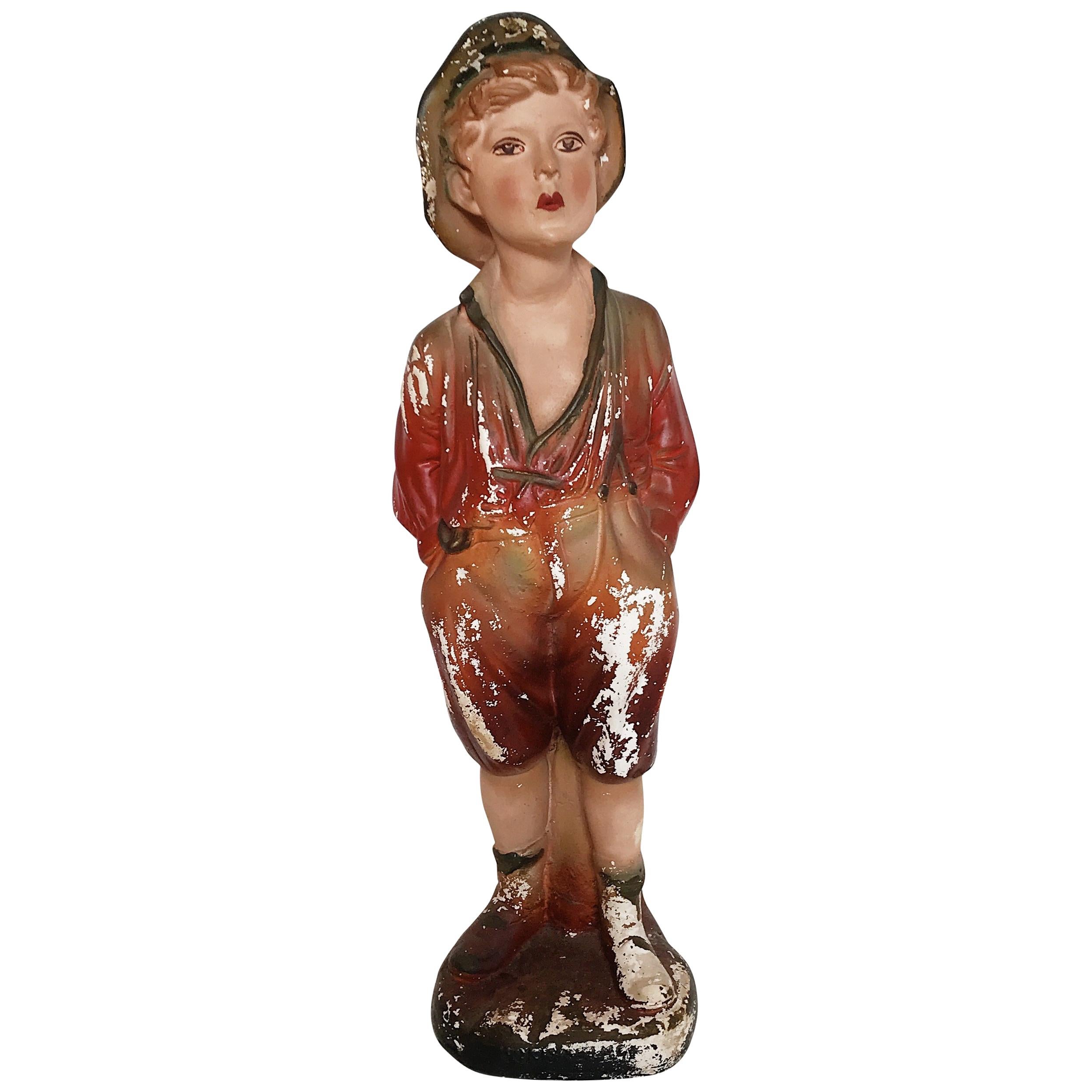 Post Depression Era Whistling Boy Plaster Statue in Original Painted Finish For Sale