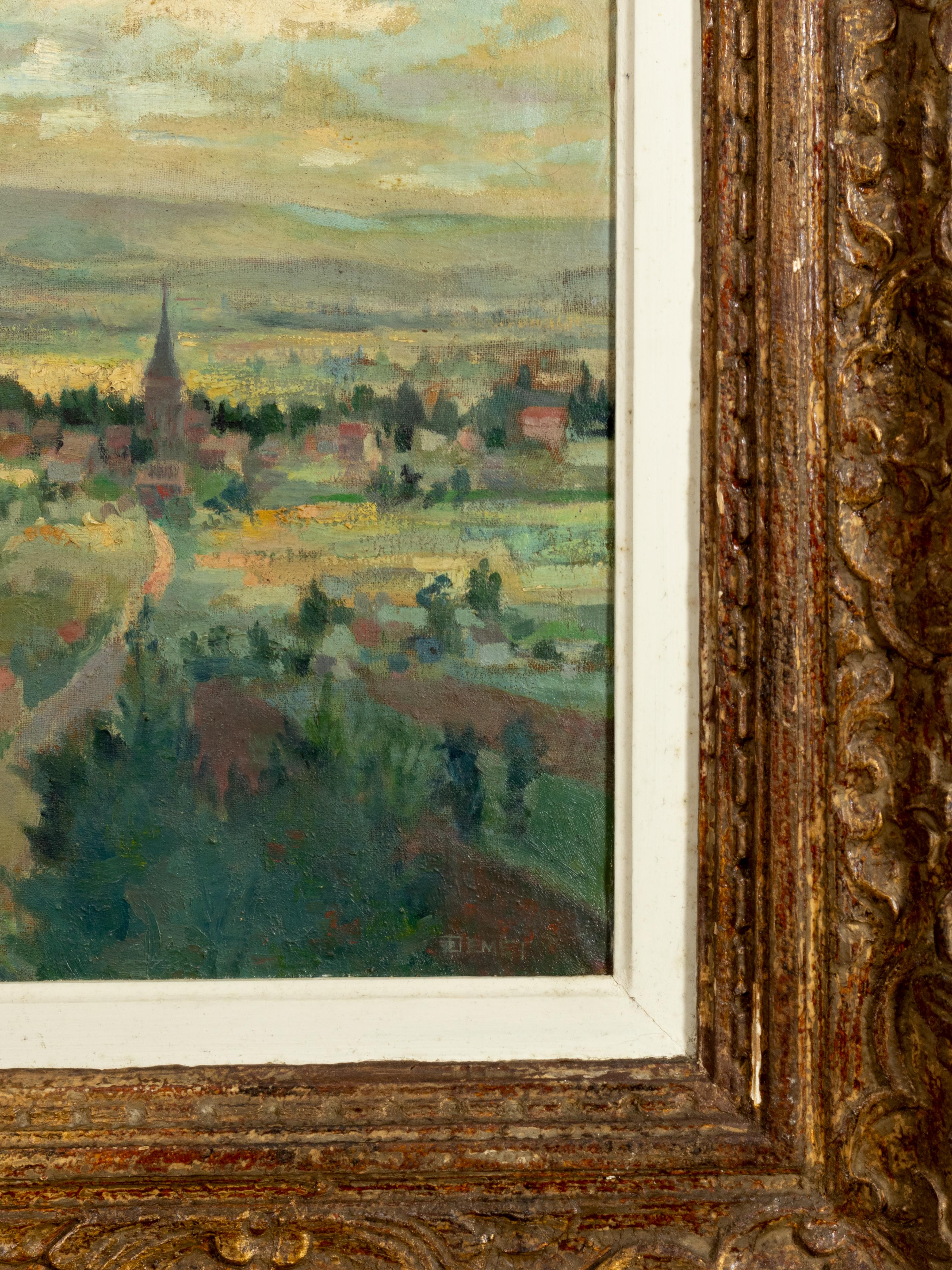 A Landscape painting in the Post-Impressionism tradition by french artist Pierre Demet. 
A panoramic view of a rural area, a little french town in the distance and an old church tower.  
Oil on canvas.

”Demet” Signed - lower right

Frame: 33,46 in