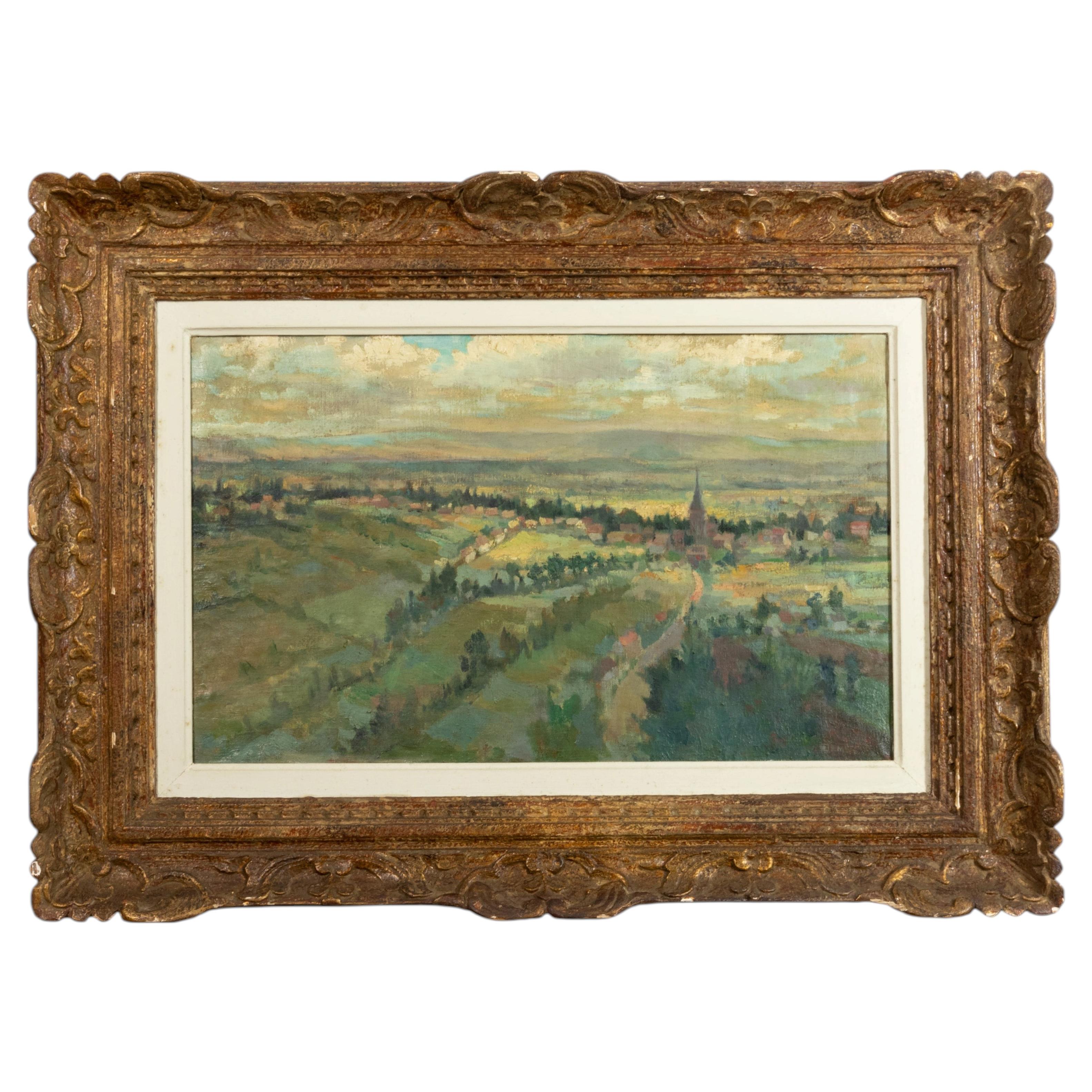 Pittura di paesaggio francese post-impressionista, Pierre Demet, anni '40, cornice ornata