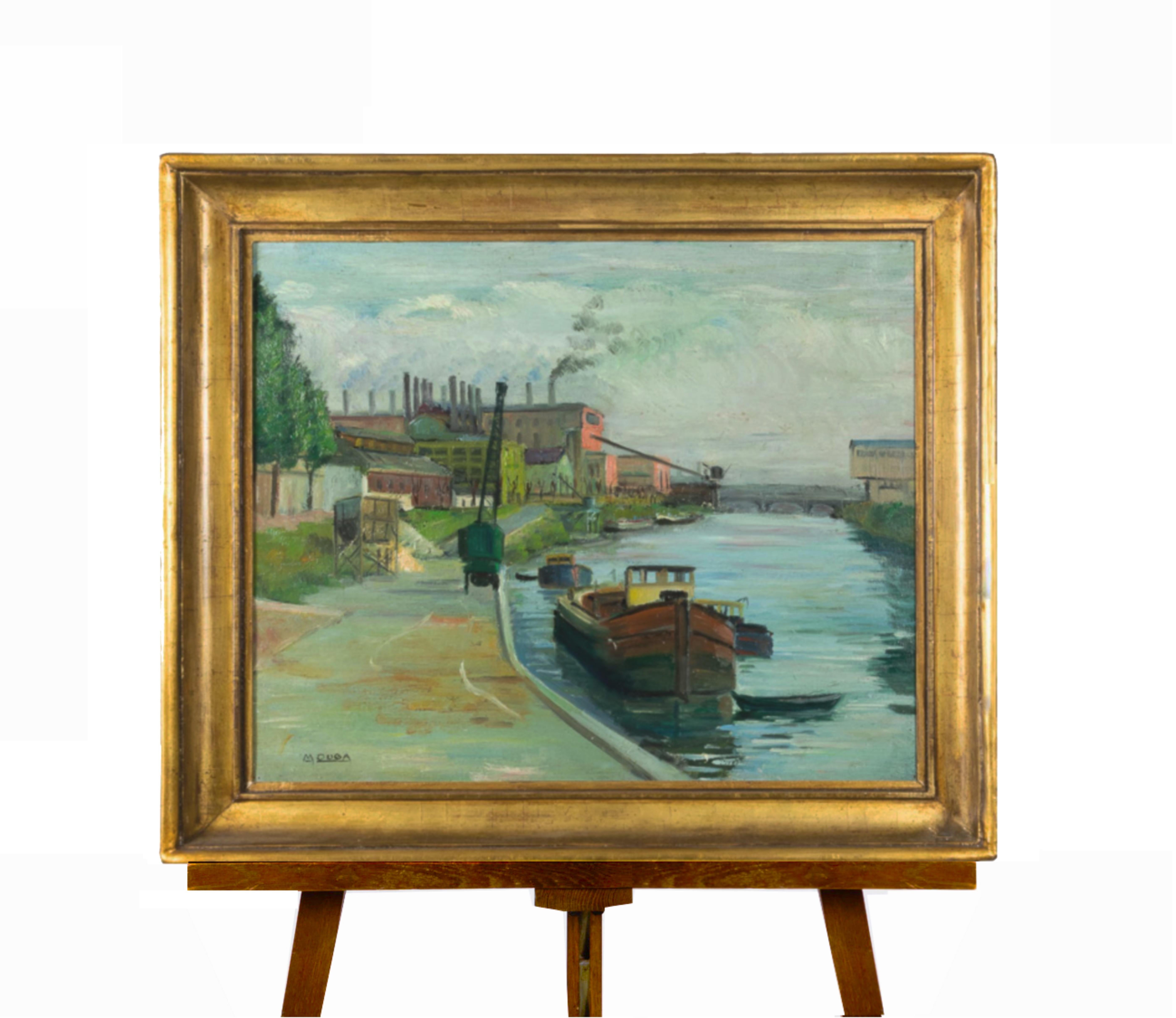Dieses schöne postimpressionistische Gemälde zeigt ein französisches Flussschiff, das auf einem Kanal entlangfährt, während im Hintergrund eine Fabrik und eine Werft zu sehen sind. Es ist vom Künstler M Duba in der Ecke signiert, wie auf den Fotos