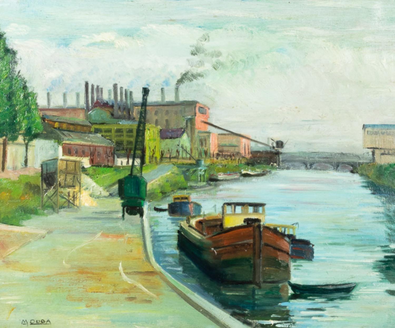 Français Peinture française post-impressionniste, péniche sur le canal par 