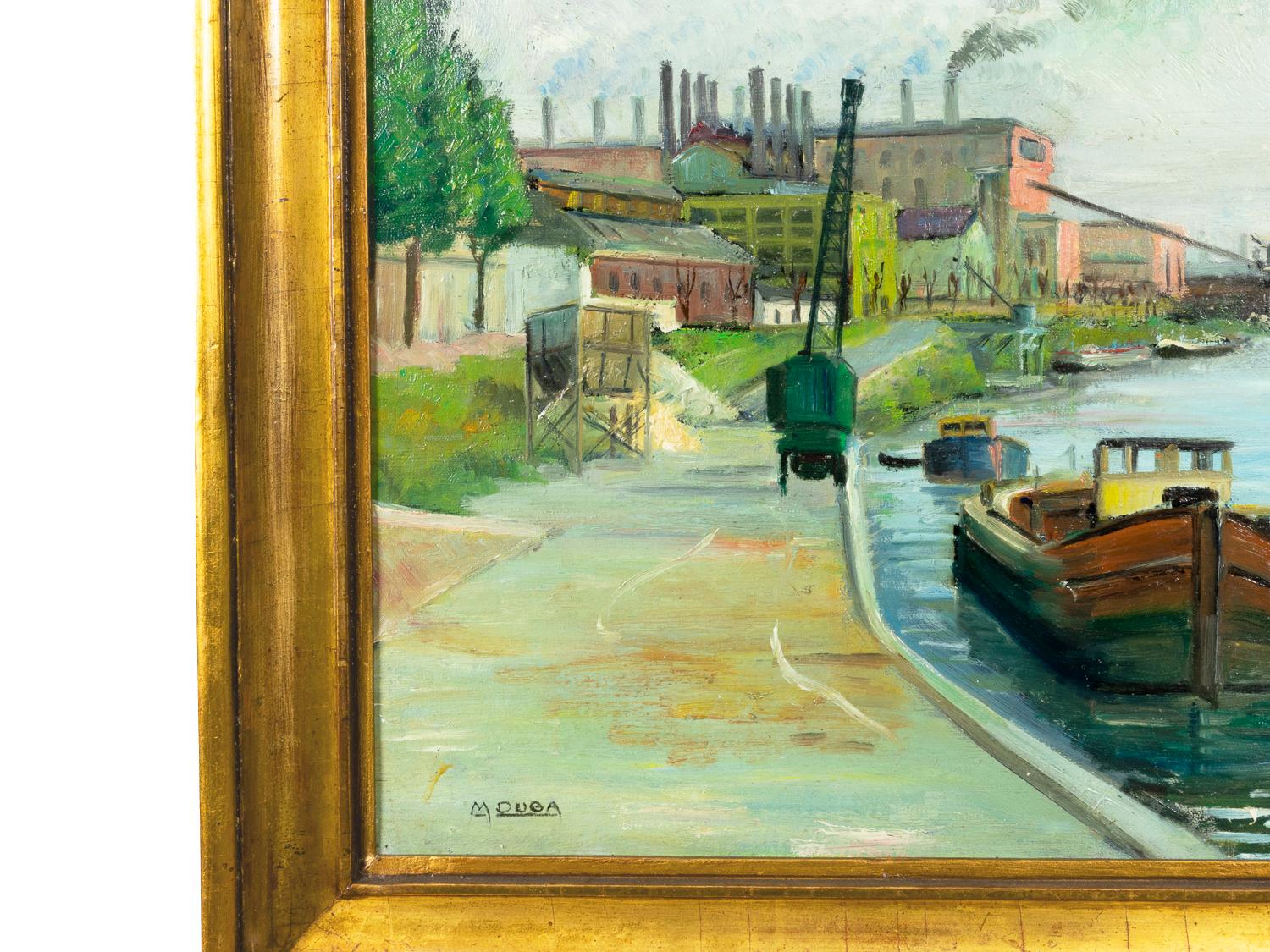 Post Impressionism French Painting, Barge on Canal By «M Duba», 20th Century In Good Condition For Sale In Lisbon, PT