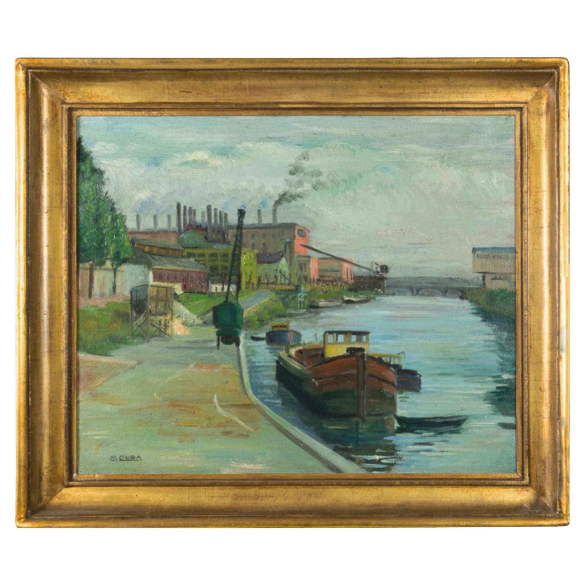 Post Impressionism French Painting, Barge on Canal By «M Duba», 20th Century For Sale