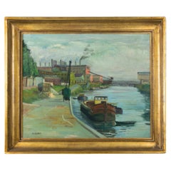 Peinture française post-impressionniste, péniche sur le canal par "M Duba", 20e siècle