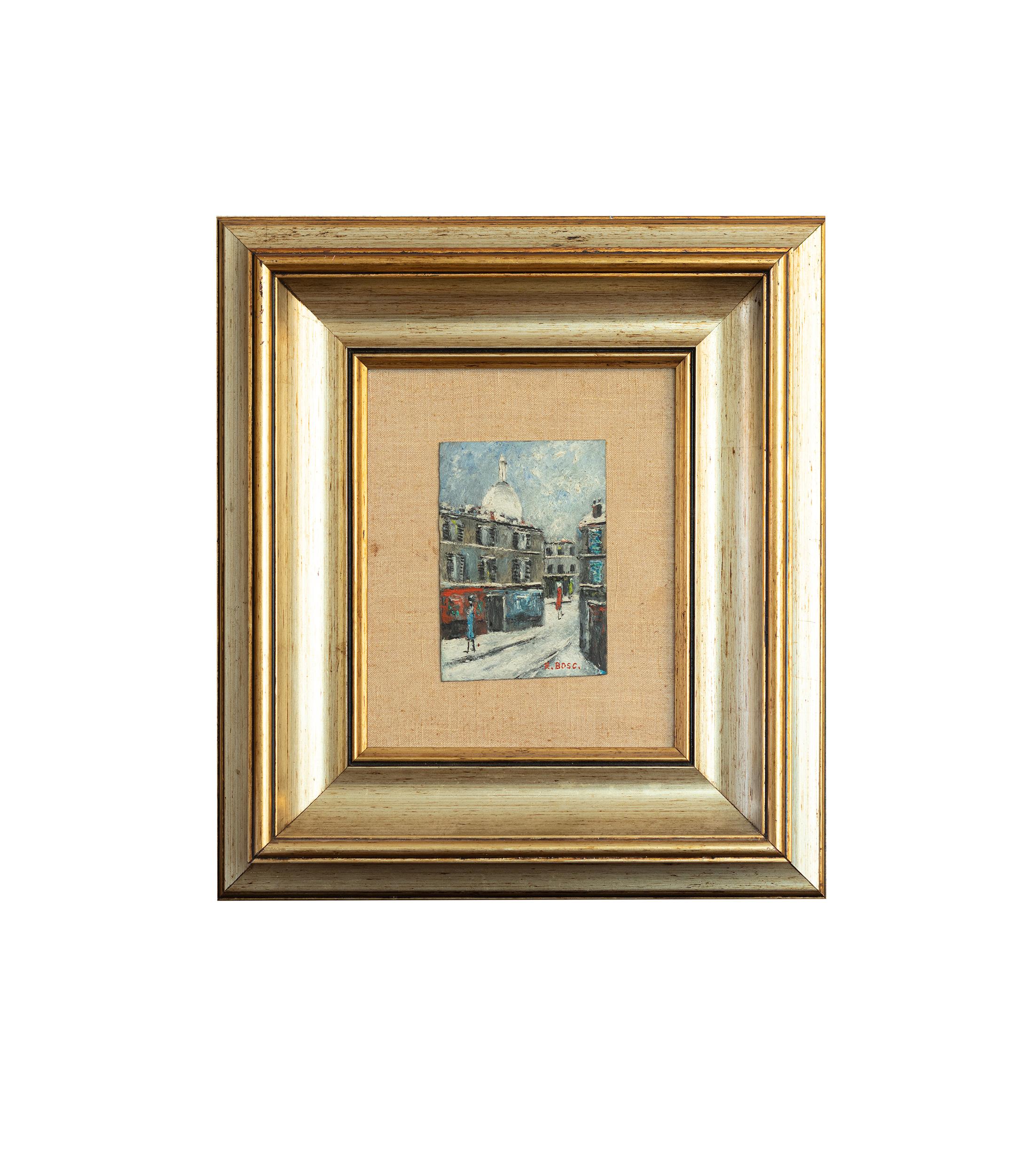 Ein beeindruckendes postimpressionistisches französisches Gemälde, das eine düstere Szene auf dem Montmartre zeigt, mit der ikonischen weißen Kuppel der Sacre Coeur in der Ferne. Das Gemälde zeigt zwei Franzosen, die durch schneebedeckte