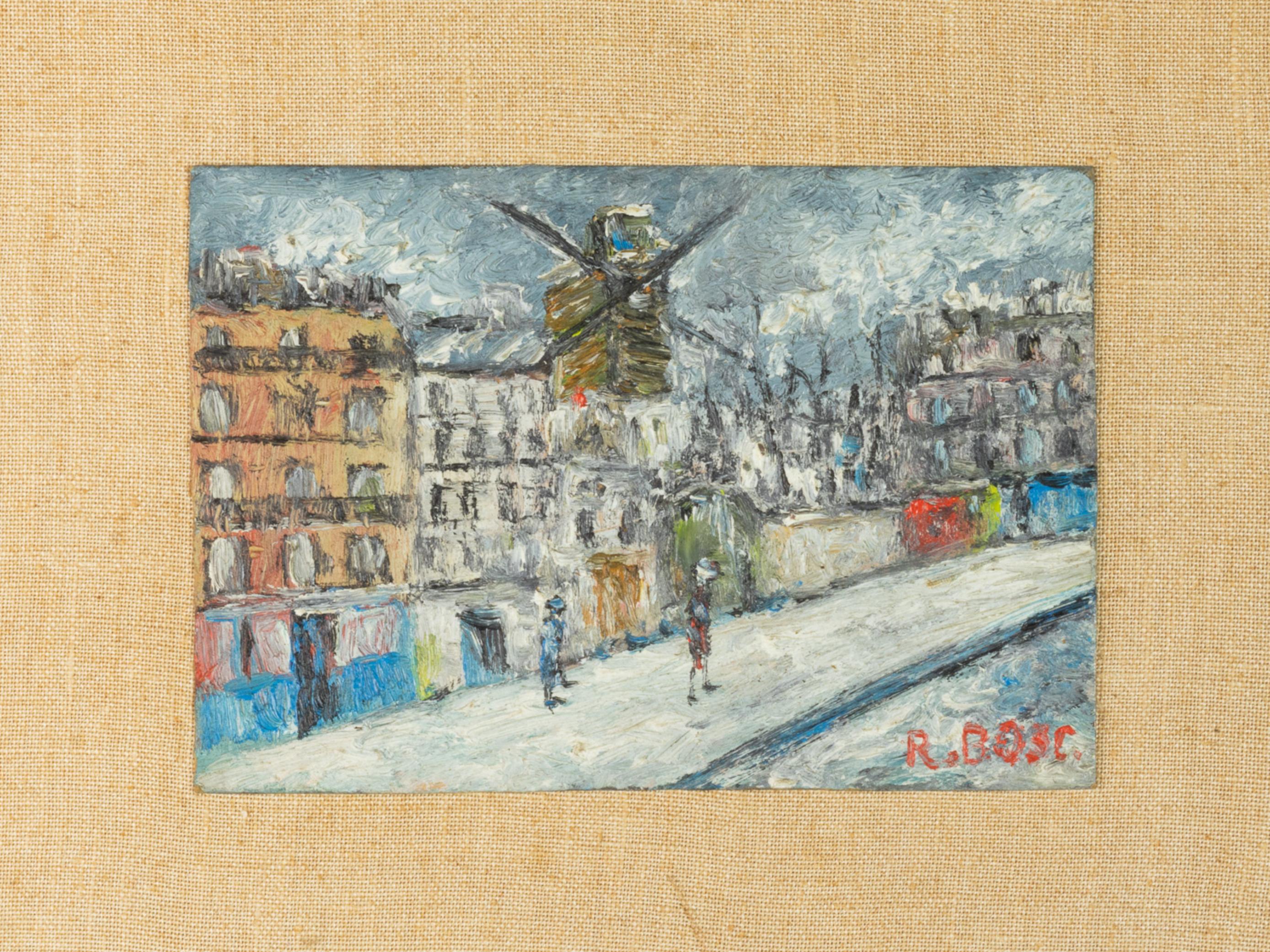 An early french post-impressionism 20th century oil painting of the Sacre Coeur and the Moulin Rouge signed “R . Bosc” on  Oil on composite wood panel and beautifully framed.  It is part of an interesting group of melancholic views of the old city