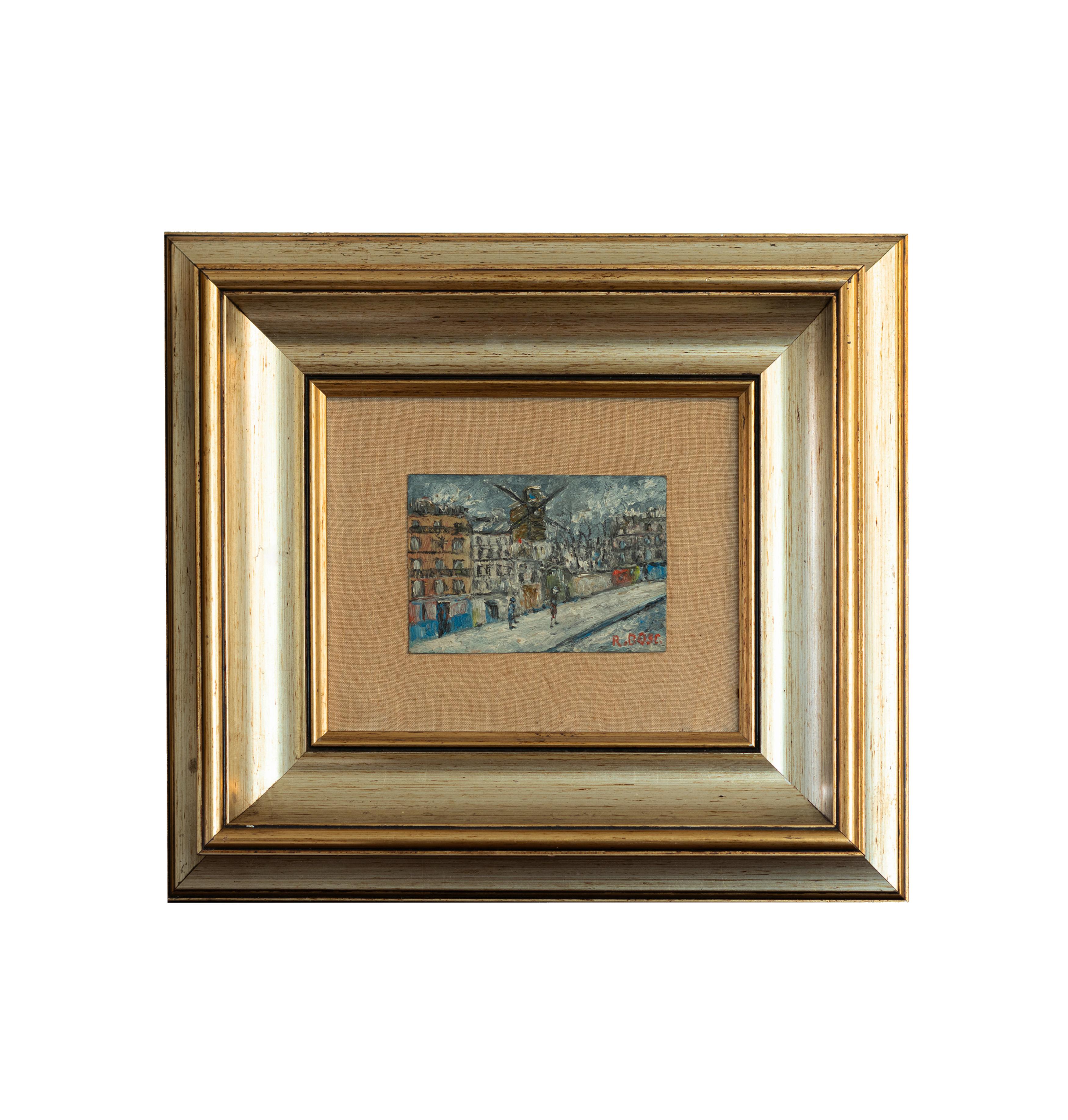 An early french post-impressionism 20th century oil painting of the Sacre Coeur and the Moulin Rouge signed “R . Bosc” on  Oil on composite wood panel and beautifully framed.  It is part of an interesting group of melancholic views of the old city