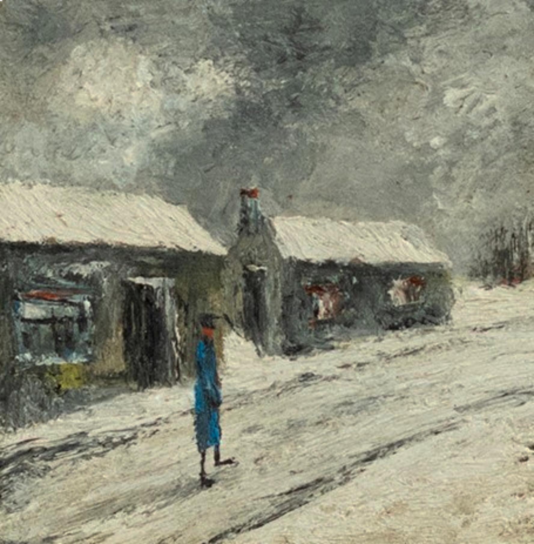 Wood Post-Impressionism French Painting, Paris Winter Loneliness, 20th Century For Sale