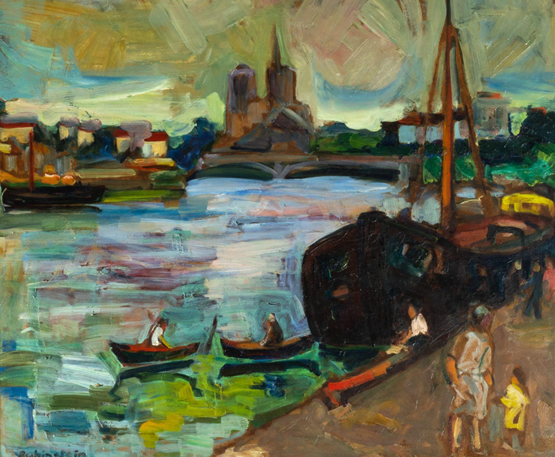 A french background of Paris river channels, Les Barges titled.
A colorful 20th Century Post Impressionist oil painting of Yiddish origin.
“Rubinstein” signed on lower left. 
Description on the back of the painting; early 20th century practitioner