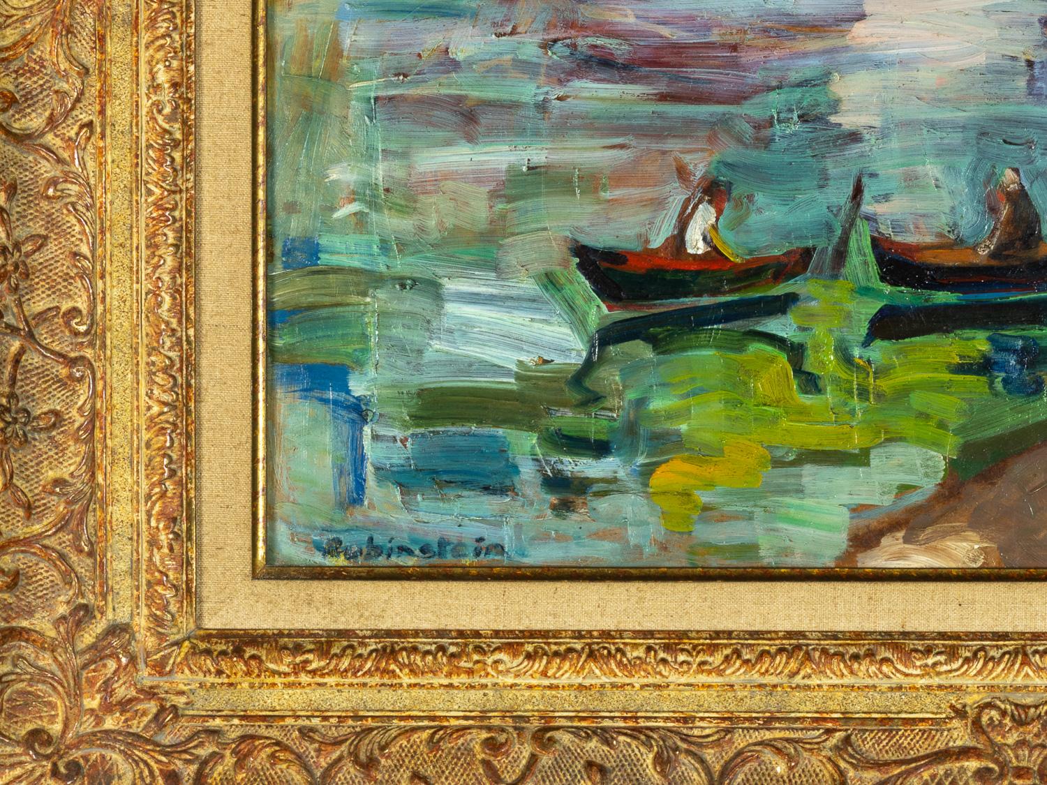 A french background of Paris river channels, Les Barges titled.
A colorful 20th Century Post Impressionist oil painting of Yiddish origin.
“Rubinstein” signed on lower left. 
Description on the back of the painting; early 20th century practitioner