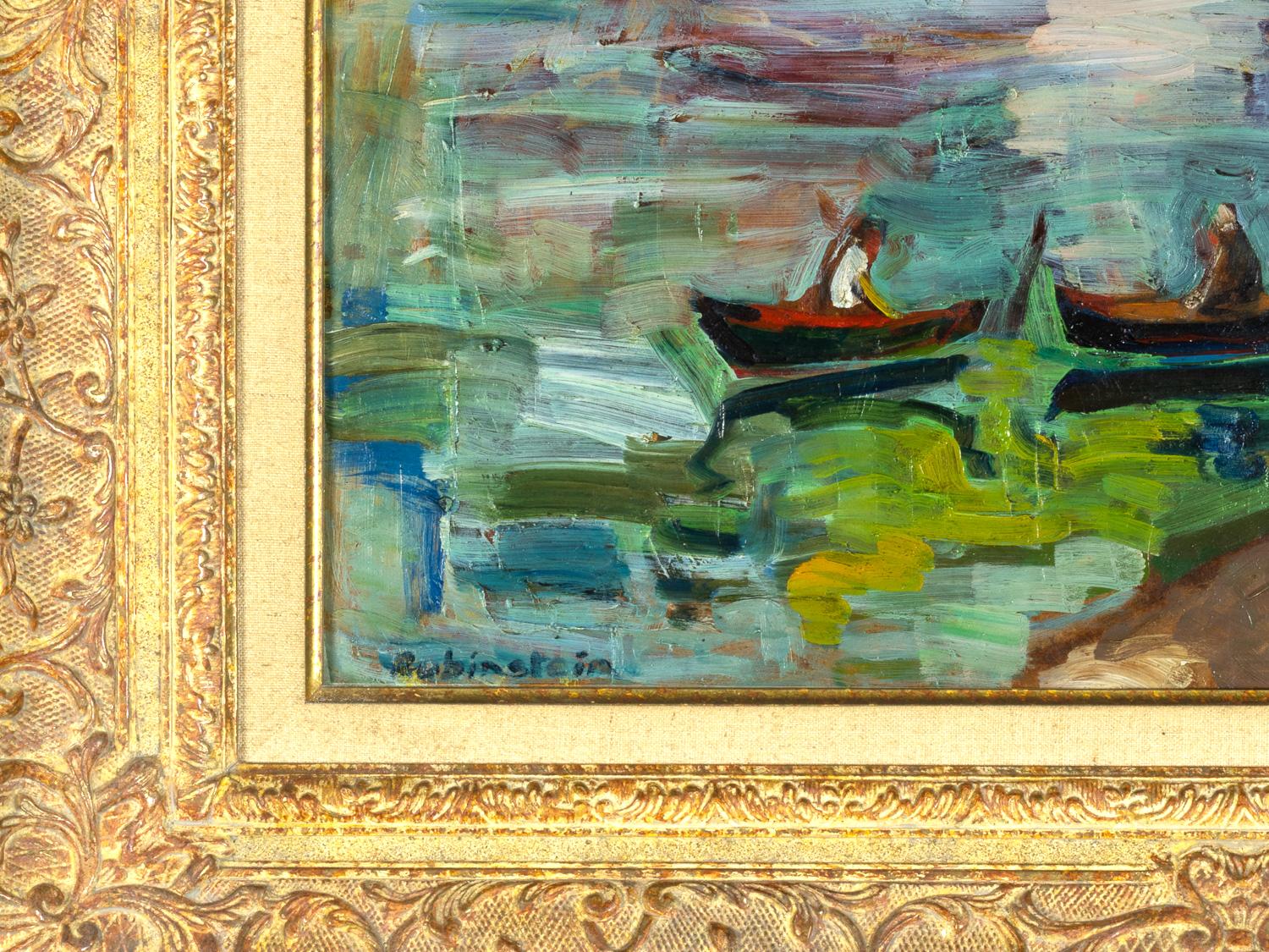 Oiled Post Impressionism French Painting «The Barges» By William Rubinstein For Sale