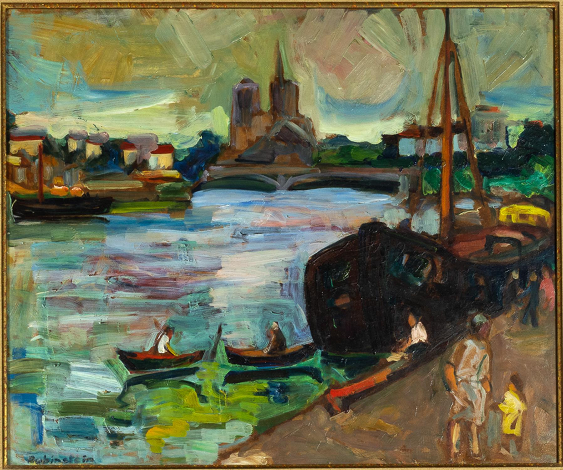 20th Century Post Impressionism French Painting «The Barges» By William Rubinstein For Sale
