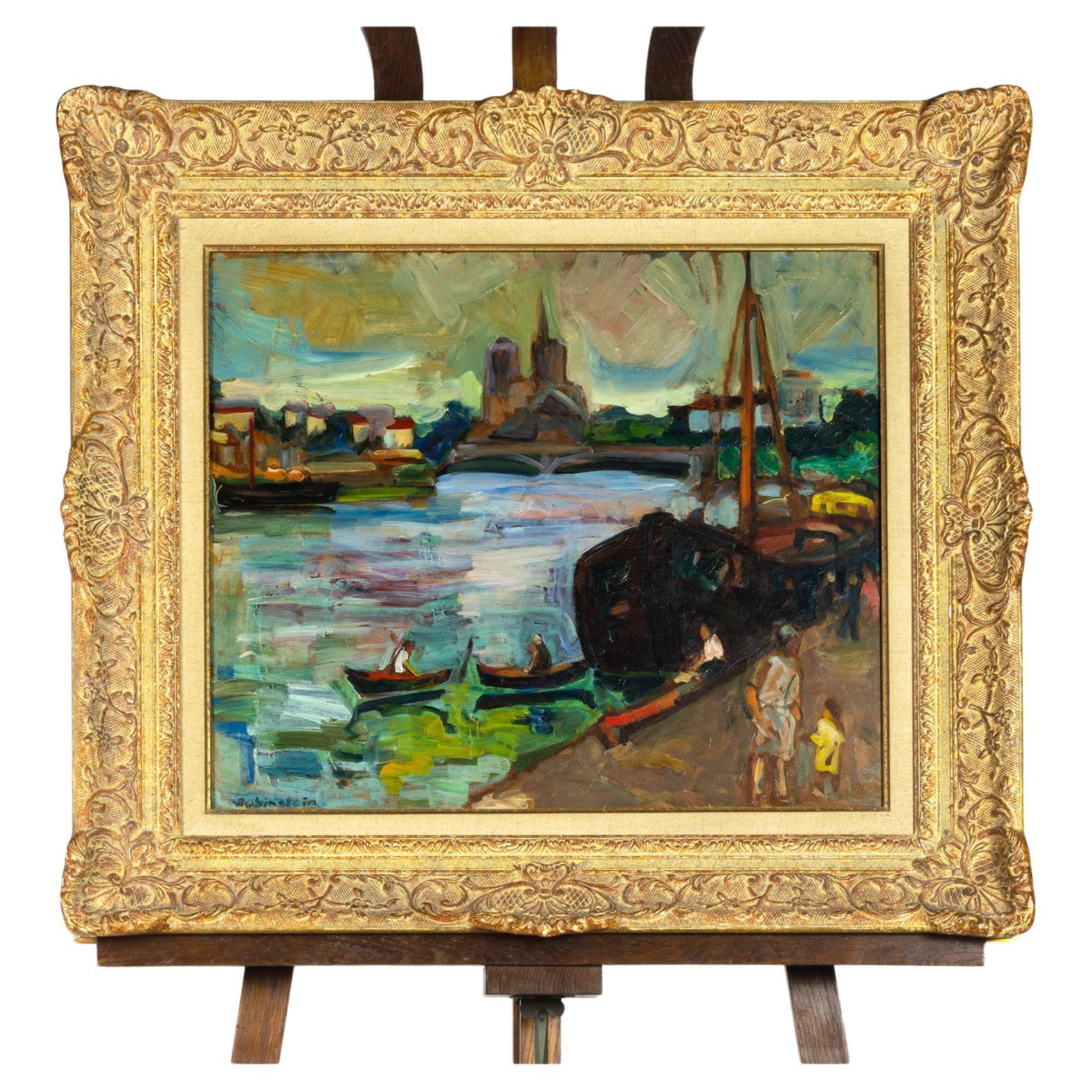 Post Impressionism French Painting «The Barges» By William Rubinstein For Sale