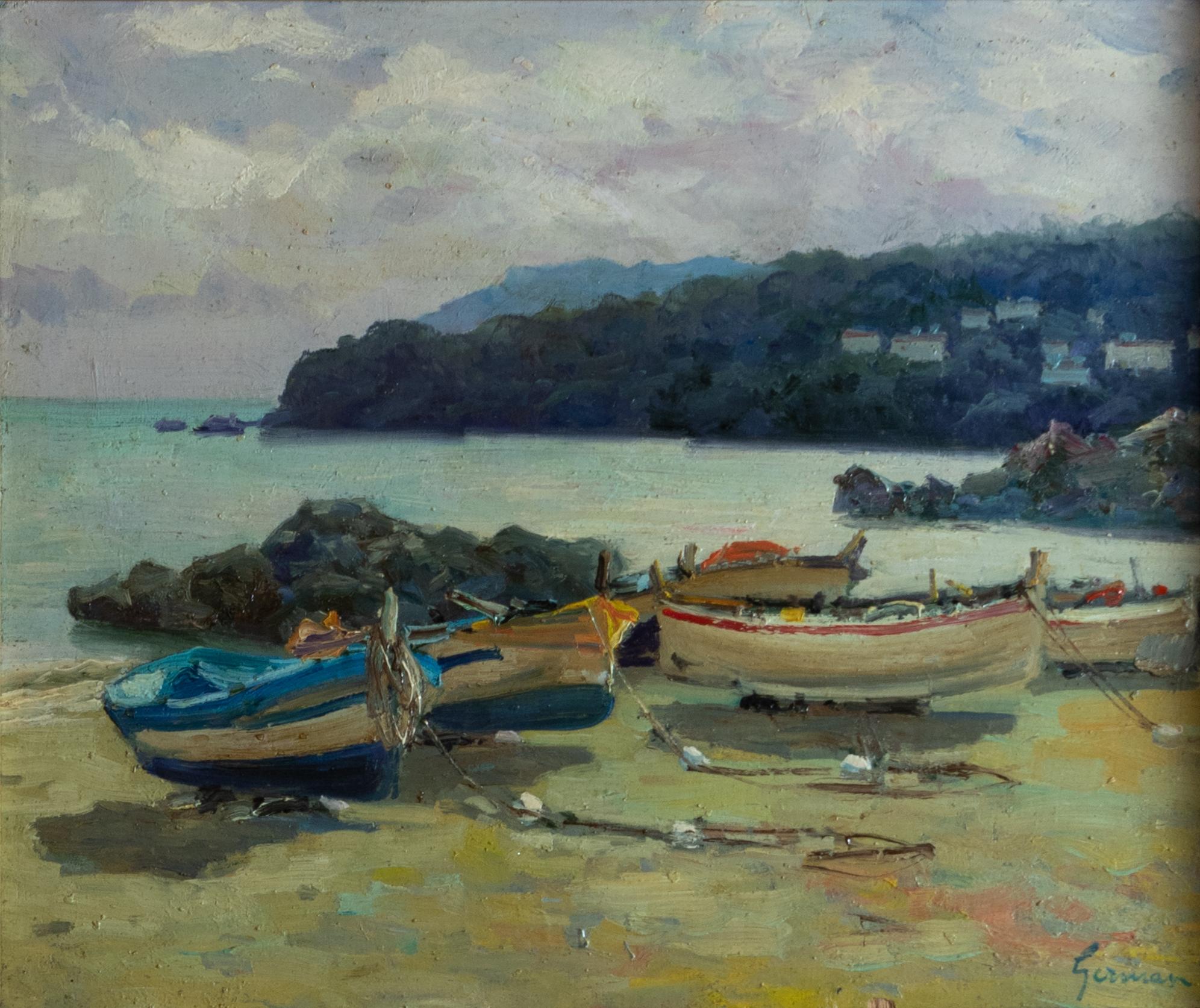 A Côte d'Azur maritime scene,  early 20th Century post-Impressionist
painting. 
Village and sea at the background of five fishing boats ashore.  
“Germain” signed on lower right - french painter Louis German (1863-1946)

Frame: 27,16 in (69 cm) x 
