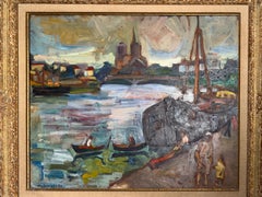 Post Impressionism Oil Painting 'Les Barges', Maritime, Signed, 20th Century