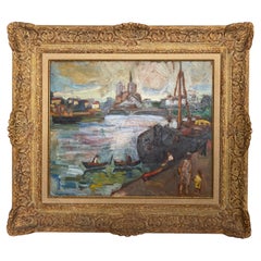 Post Impressionism Oil Painting 'Les Barges', Maritime, Signed, 20th Century
