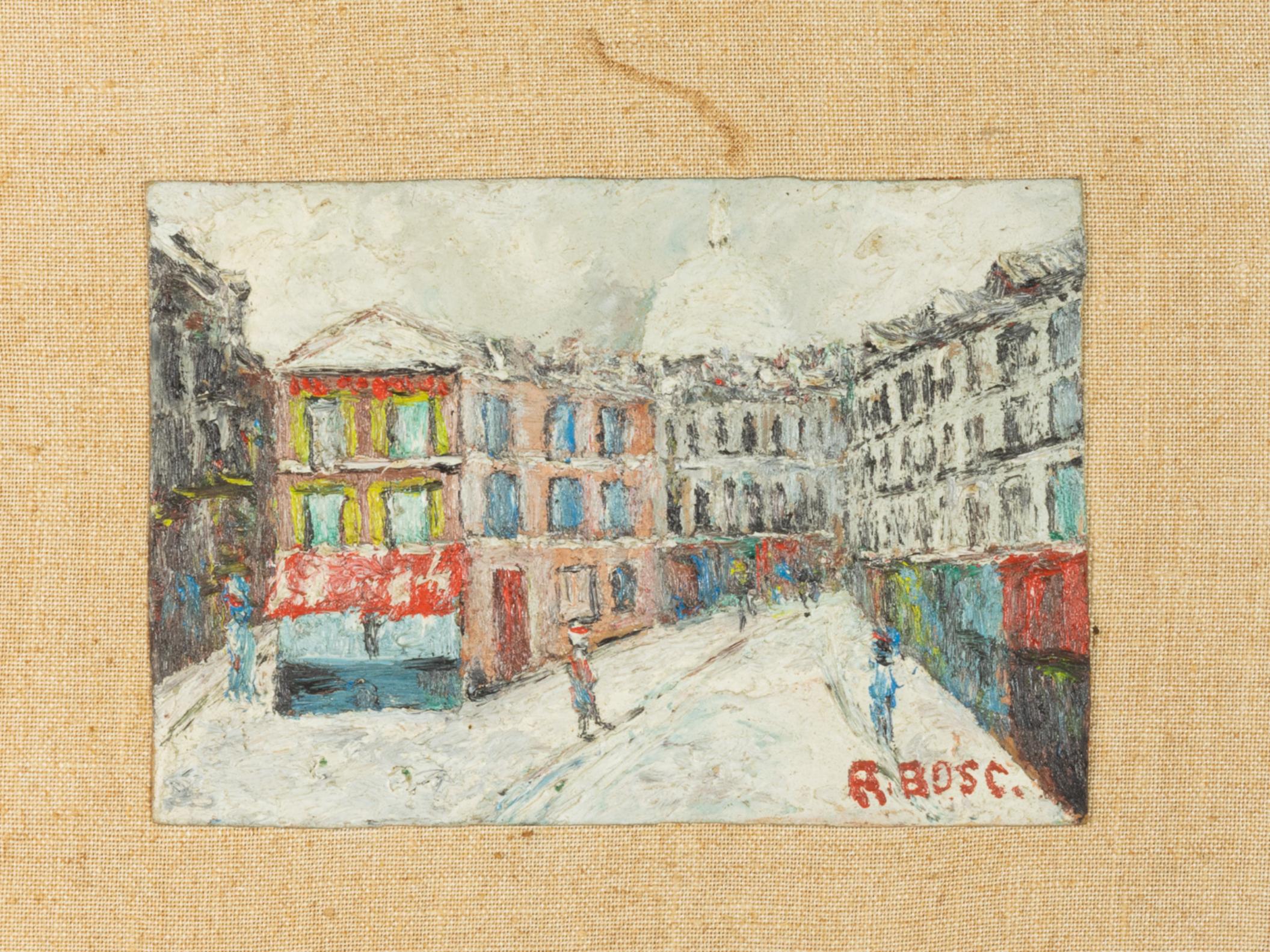 Peinture à l'huile du début du 20e siècle sur panneau composite représentant la saison hivernale dans les rues de Montmartre, à Paris, avec quelques personnages en mouvement.
