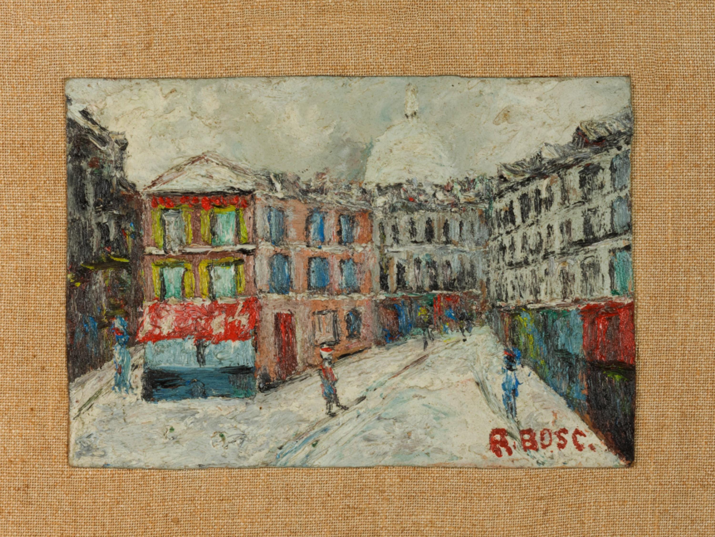 An early 20th century oil painting on a compose panel of Winter season on the streets of Montmartre, Paris with some figures moving around.
“R Bosc” signed.
Style: Post-Impressionism
Medium: Oil on Composite Panel

 Frame Width 14,37 in (36,5 cm)