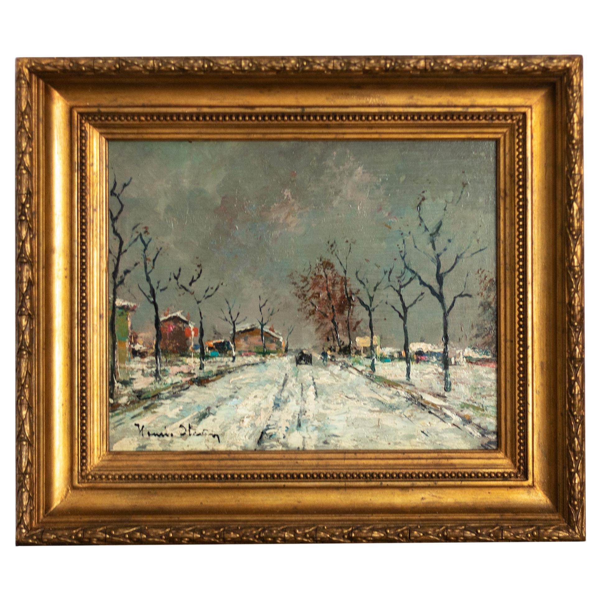 Postimpressionismus Gemälde, Winterschneeweg von "Hughes Stanton" (1870-1937) im Angebot