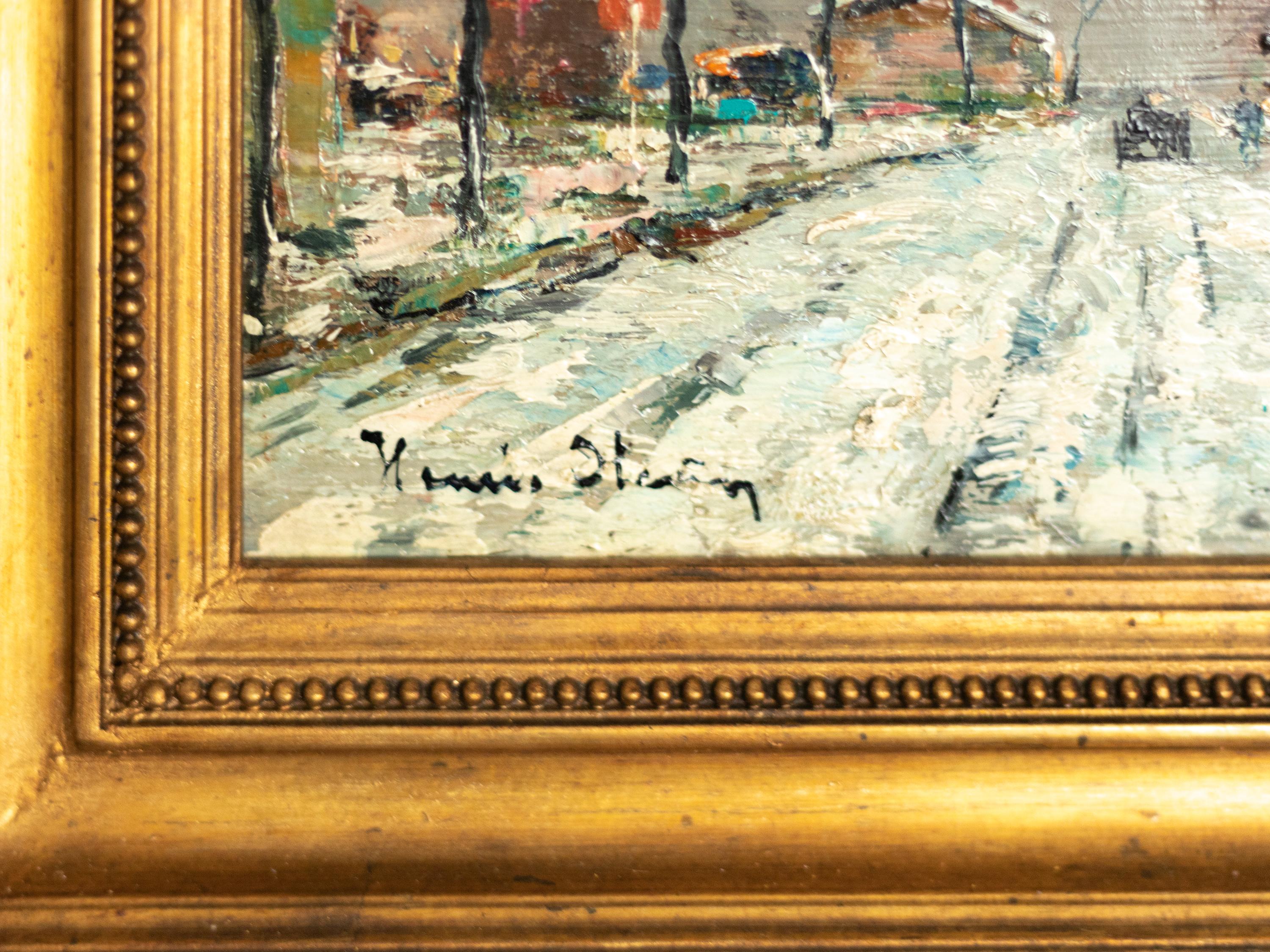 Anglais Peinture de paysage post-impressionniste, chemin de neige en hiver, 1870-1937, cadre doré en vente