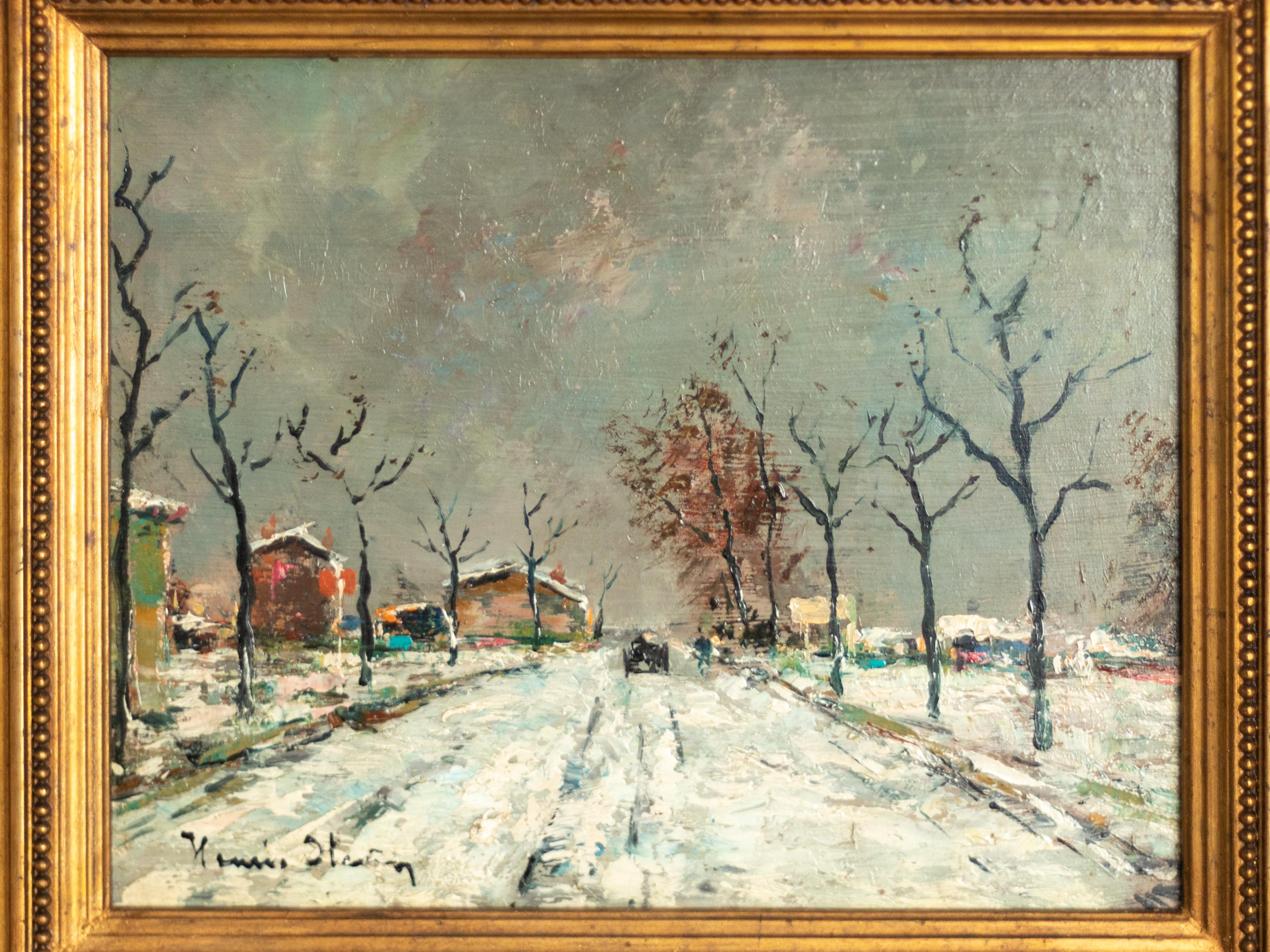Huilé Peinture de paysage post-impressionniste, chemin de neige en hiver, 1870-1937, cadre doré en vente
