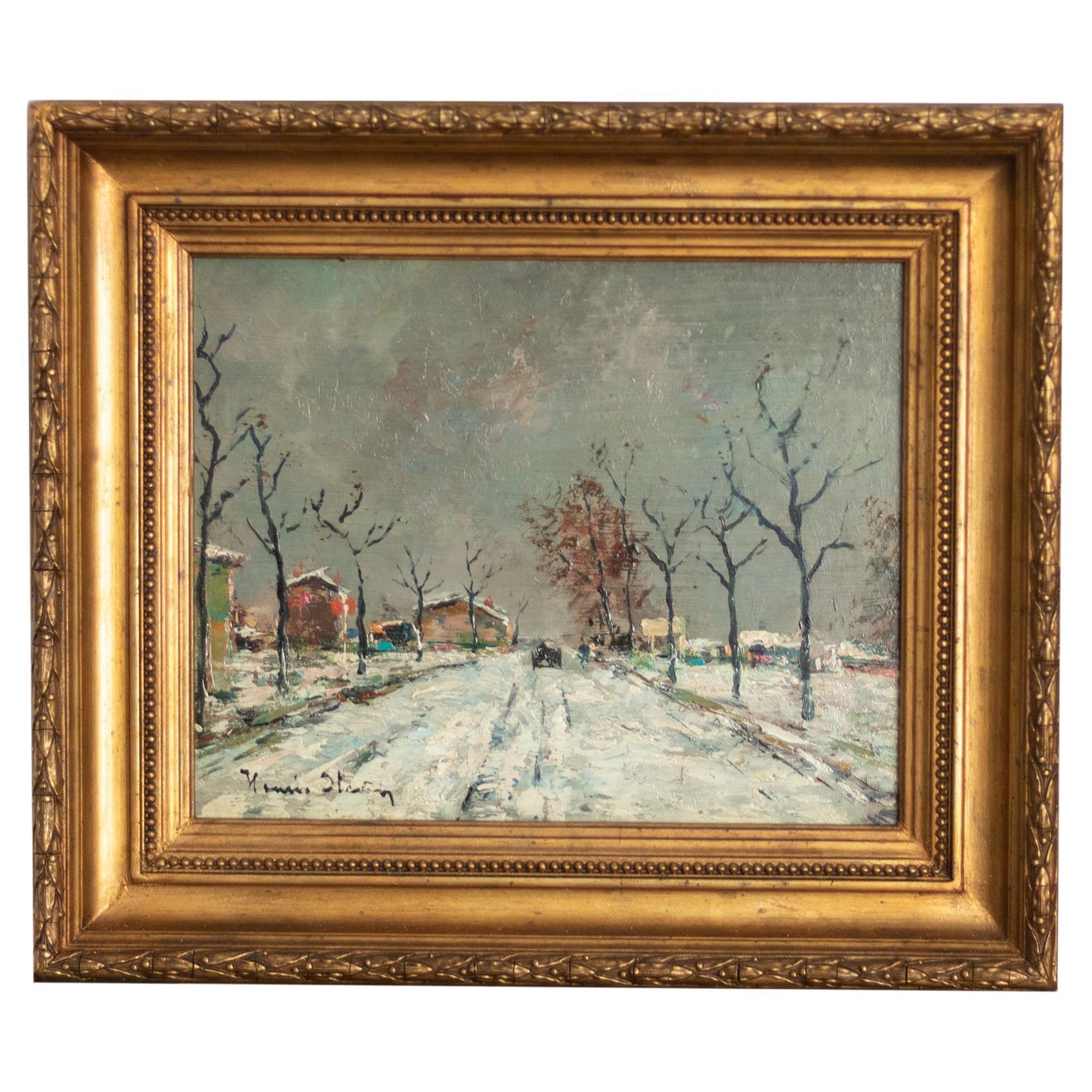 Quadro di paesaggio post-impressionista con sentiero di neve invernale, 1870-1937, cornice dorata