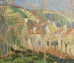Large French Post-Impressionist Oil Painting Wispy Trees Southern France Hills