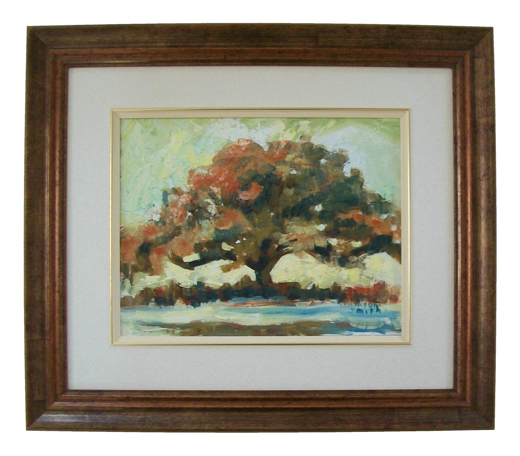 Post Impressionist acrylic landscape painting on stretched canvas - featuring a large tree in the foreground - finished with a fabric matte with composite gilt filet - copper giltwood frame with an antique finish - indistinctly signed (?mson-Smith)