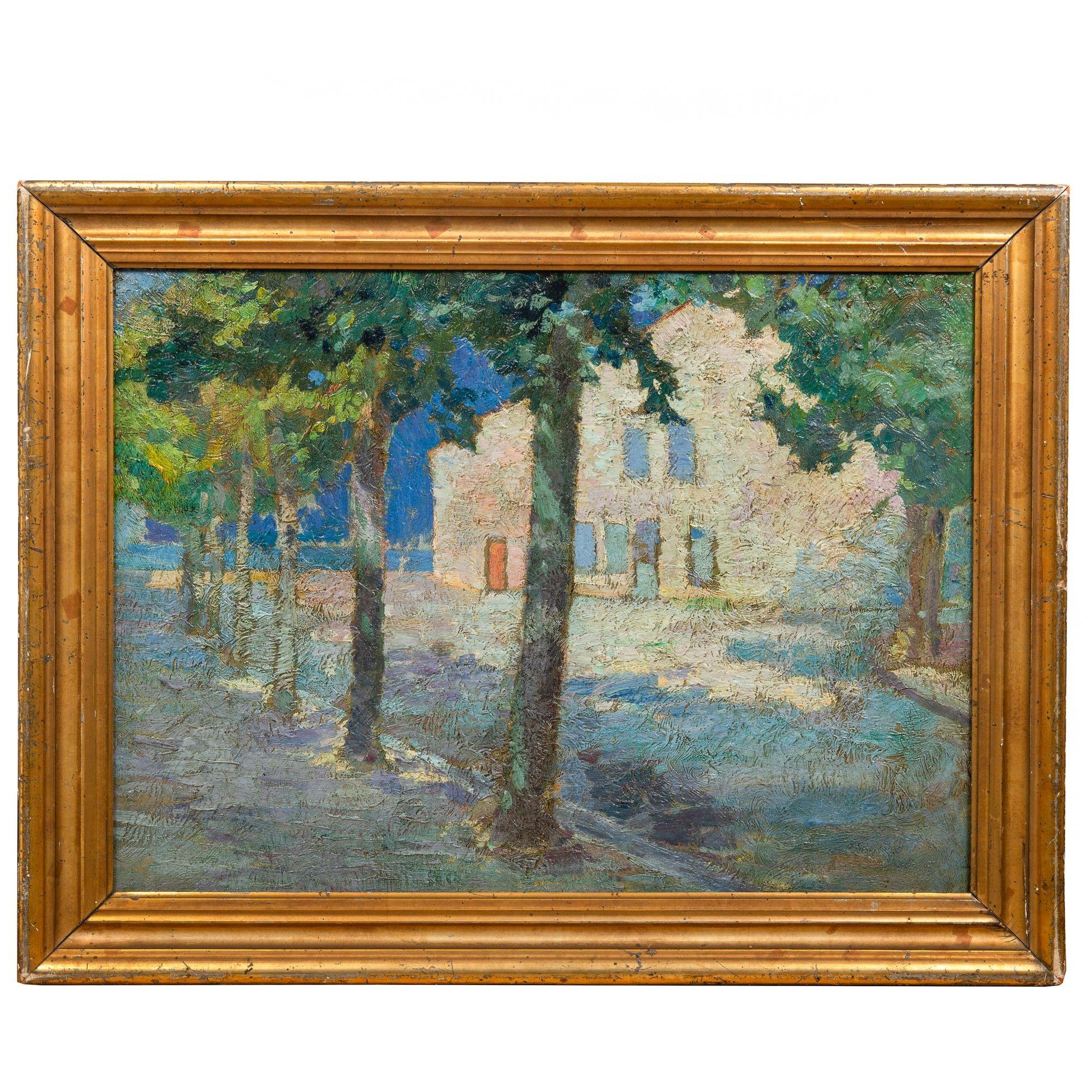 FAUVIST SCHOOL
Probably French or Belgian, first half of the 20th Century

A White House on a Tree-Lined Street

Oil on artist's board  unsigned  in early giltwood frame

22 1/8
