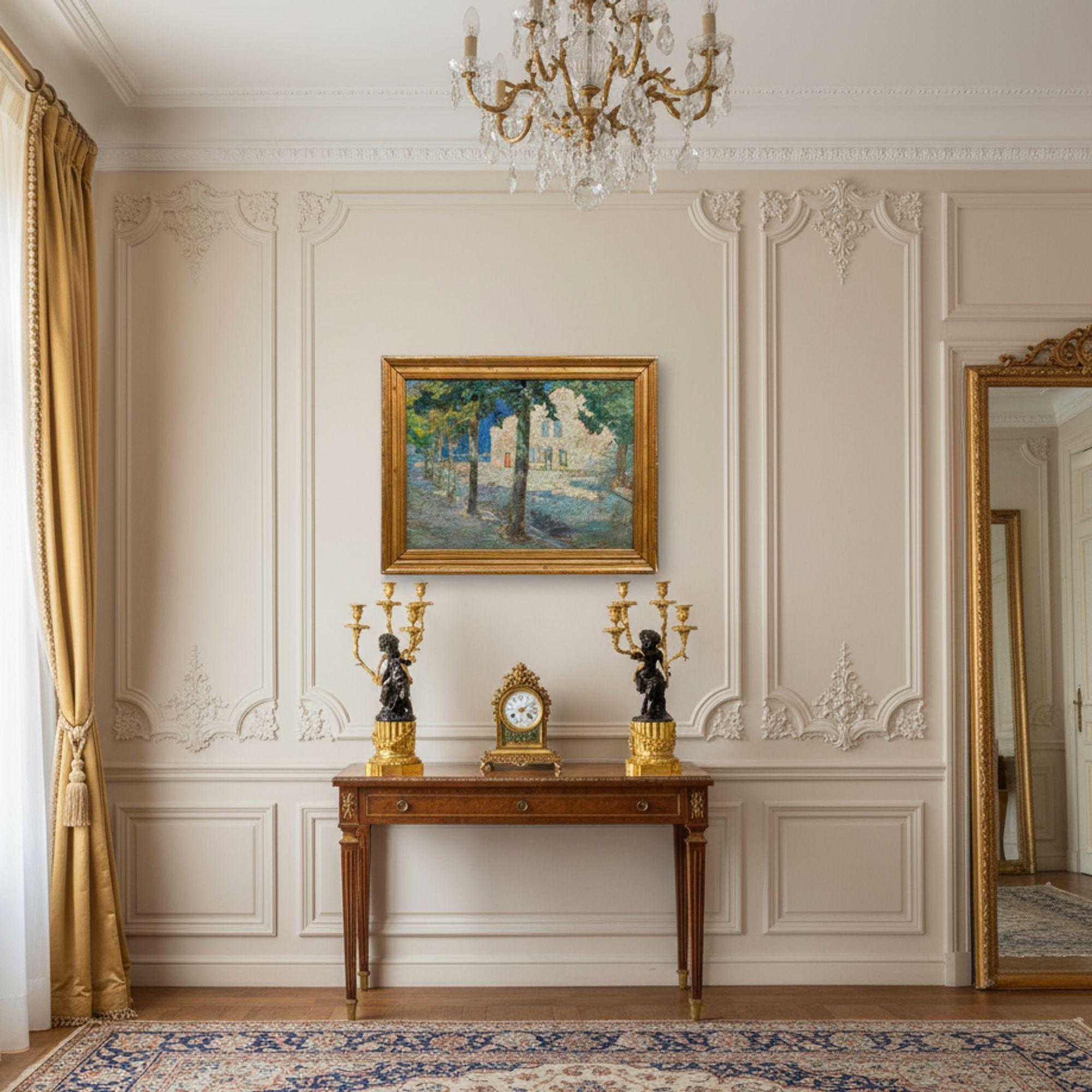 ÉCOLE FAUVIST
Probablement français ou belge, première moitié du 20e siècle

Une maison blanche dans une rue bordée d'arbres

Huile sur carton d'artiste  non signé  dans un cadre en bois doré ancien

22 1/8