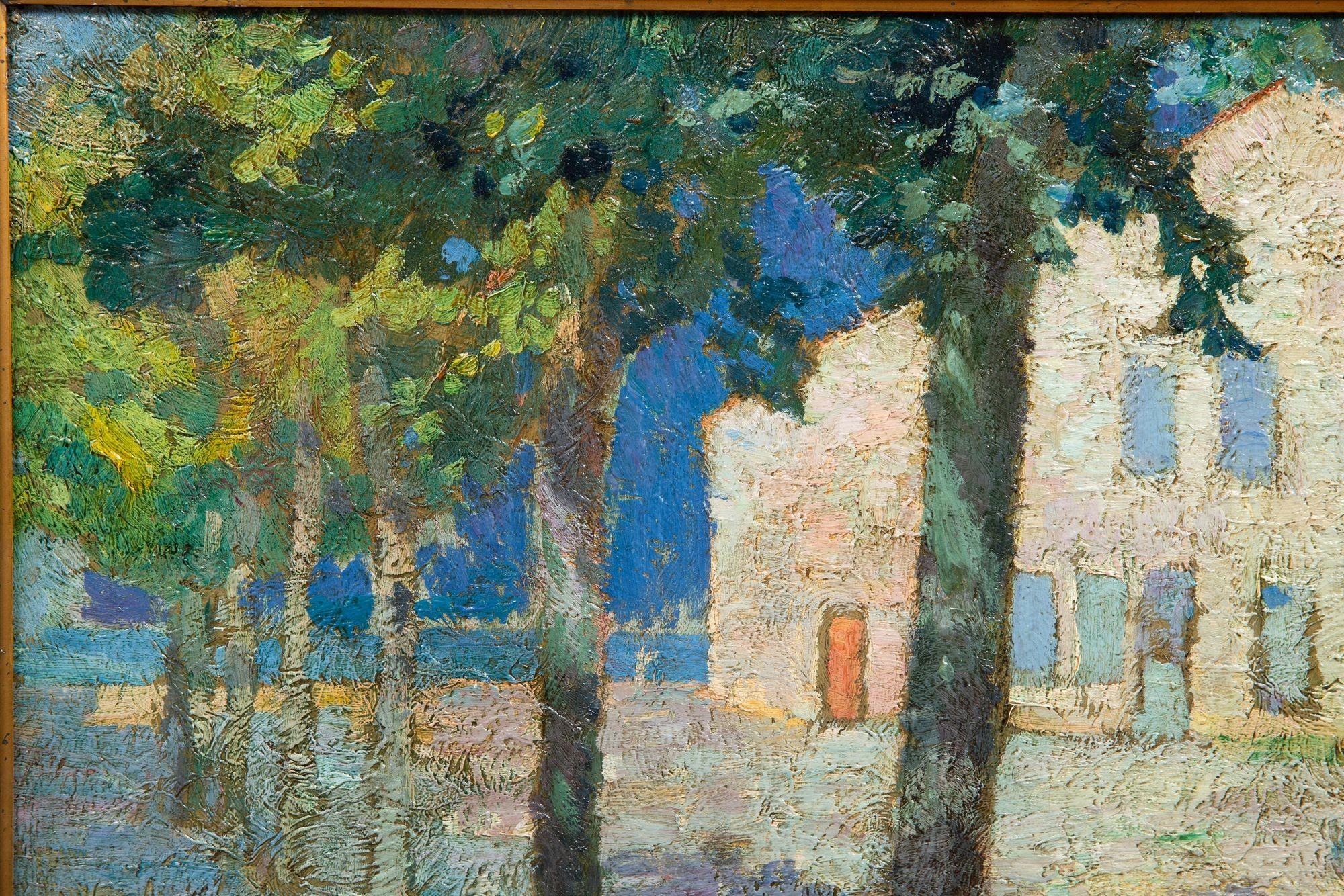 European Post-Impressionist Fauvist School Painting, House on a Tree-Lined Street For Sale