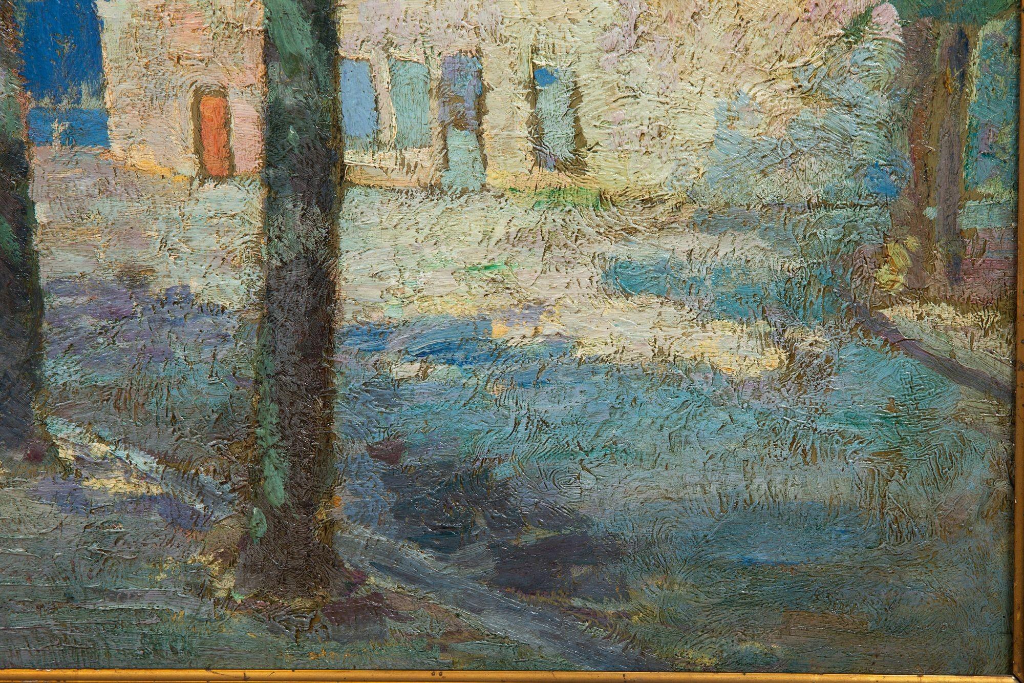 20th Century Post-Impressionist Fauvist School Painting, House on a Tree-Lined Street For Sale