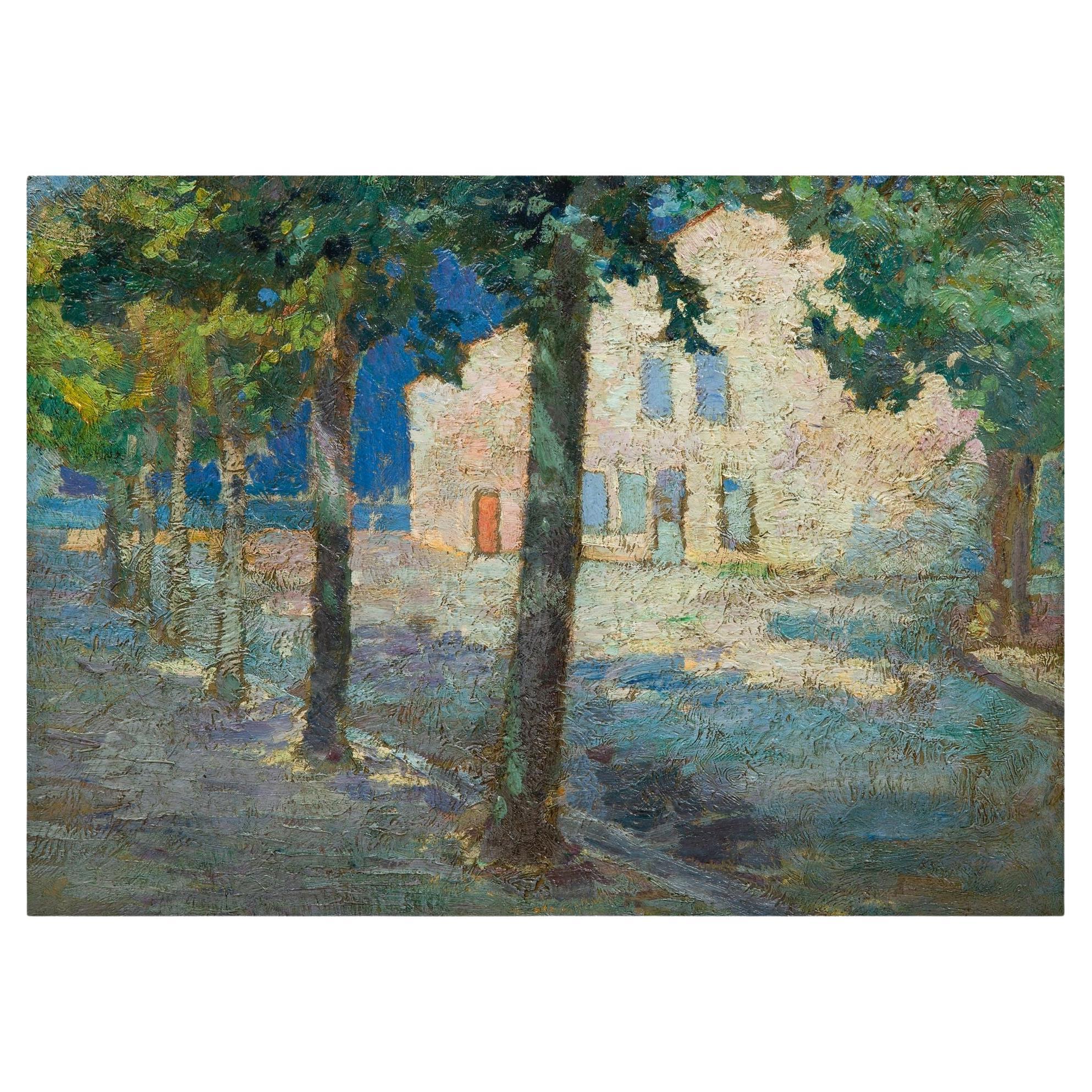 Post-Impressionist Fauvist School Painting, House on a Tree-Lined Street For Sale