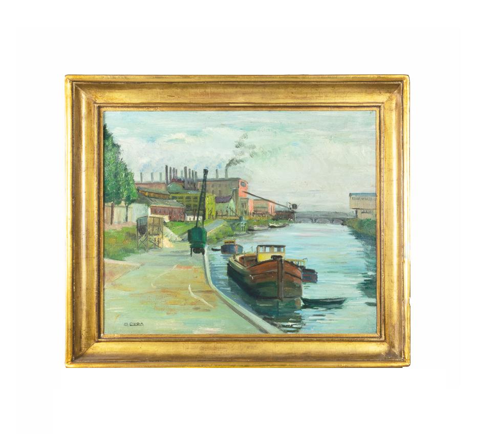 Questo dipinto a olio francese dell'inizio del XX secolo cattura un momento lungo un canale. Un quadro per gli amanti dell'arte francese e delle scene sui canali.

Una chiatta di legno scivola sull'acqua, riflettendo i toni tenui del paesaggio
