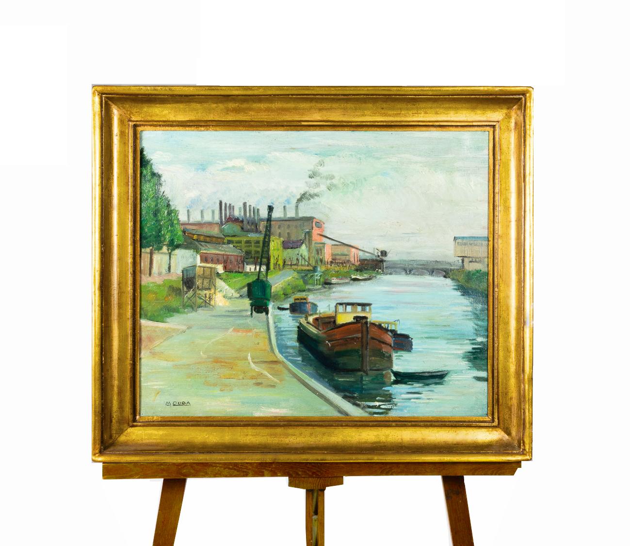 Francese Olio francese post-impressionista, Chiatta sul canale, 1900 in vendita