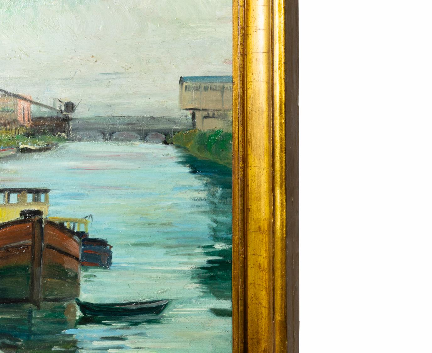 Postimpressionistisches französisches Öl, Lastkahn auf Kanal, 1900er Jahre (Geölt) im Angebot