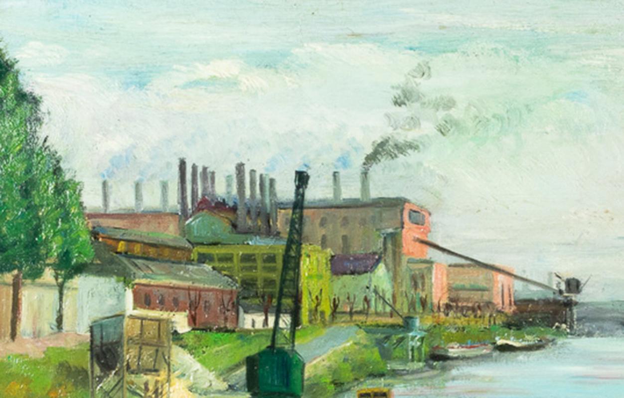 Postimpressionistisches französisches Öl, Lastkahn auf Kanal, 1900er Jahre im Zustand „Gut“ im Angebot in Lisbon, PT