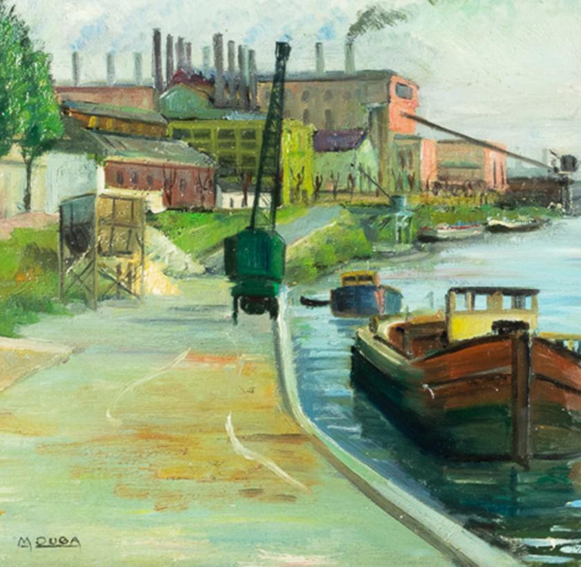 Tela Olio francese post-impressionista, Chiatta sul canale, 1900 in vendita