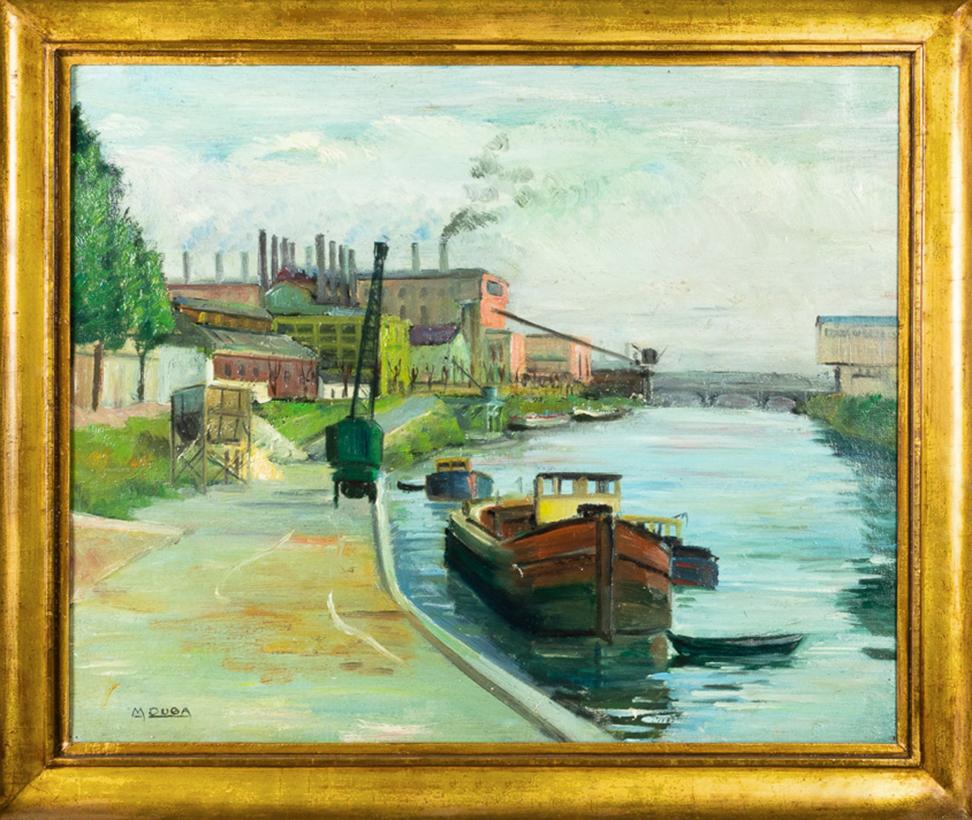 Postimpressionistisches französisches Öl, Lastkahn auf Kanal, 1900er Jahre (Leinwand) im Angebot