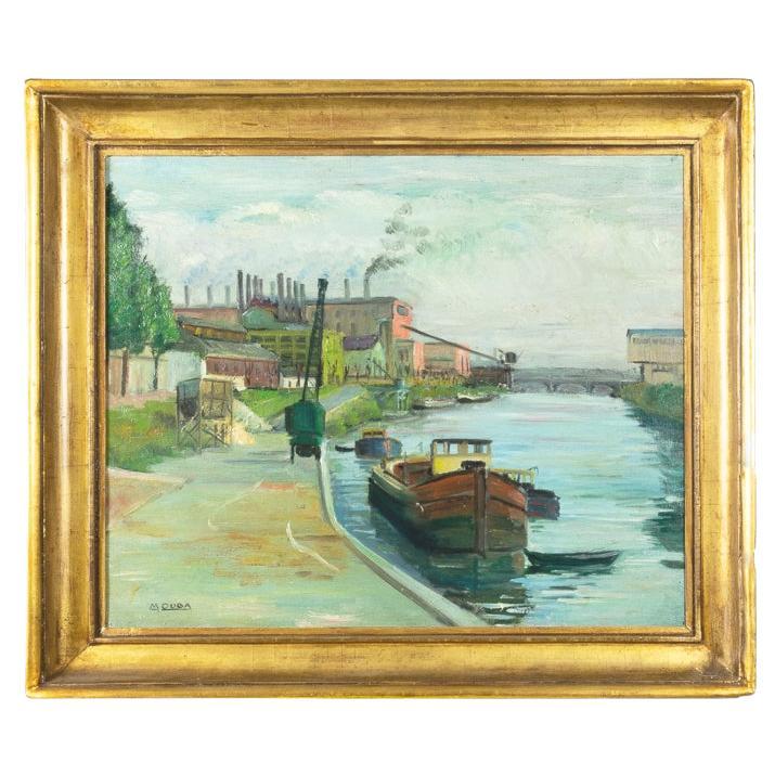 Postimpressionistisches französisches Öl, Lastkahn auf Kanal, 1900er Jahre