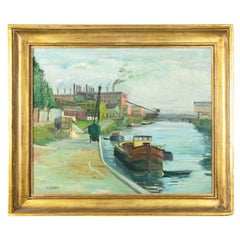 Postimpressionistisches französisches Öl, Lastkahn auf Kanal, 1900er Jahre