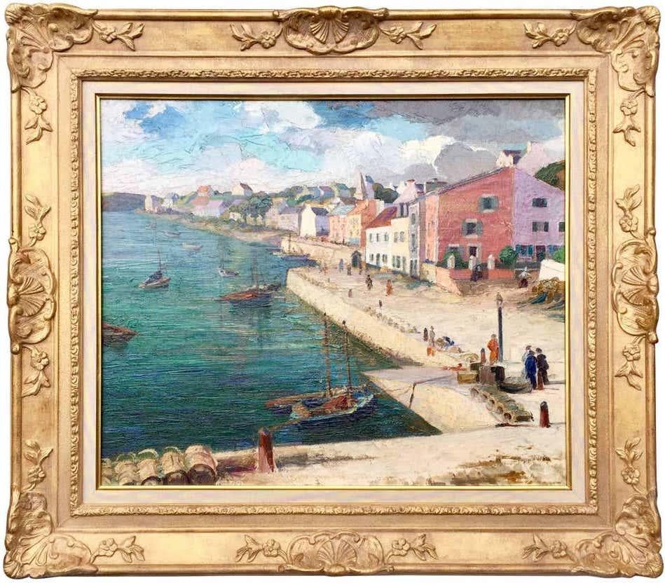 Französisches postimpressionistisches Gemälde einer Hafenstadt (Belle Époque) im Angebot