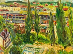 Large French Post-Impressionist 20th Century Oil Painting on Canvas Green L/S