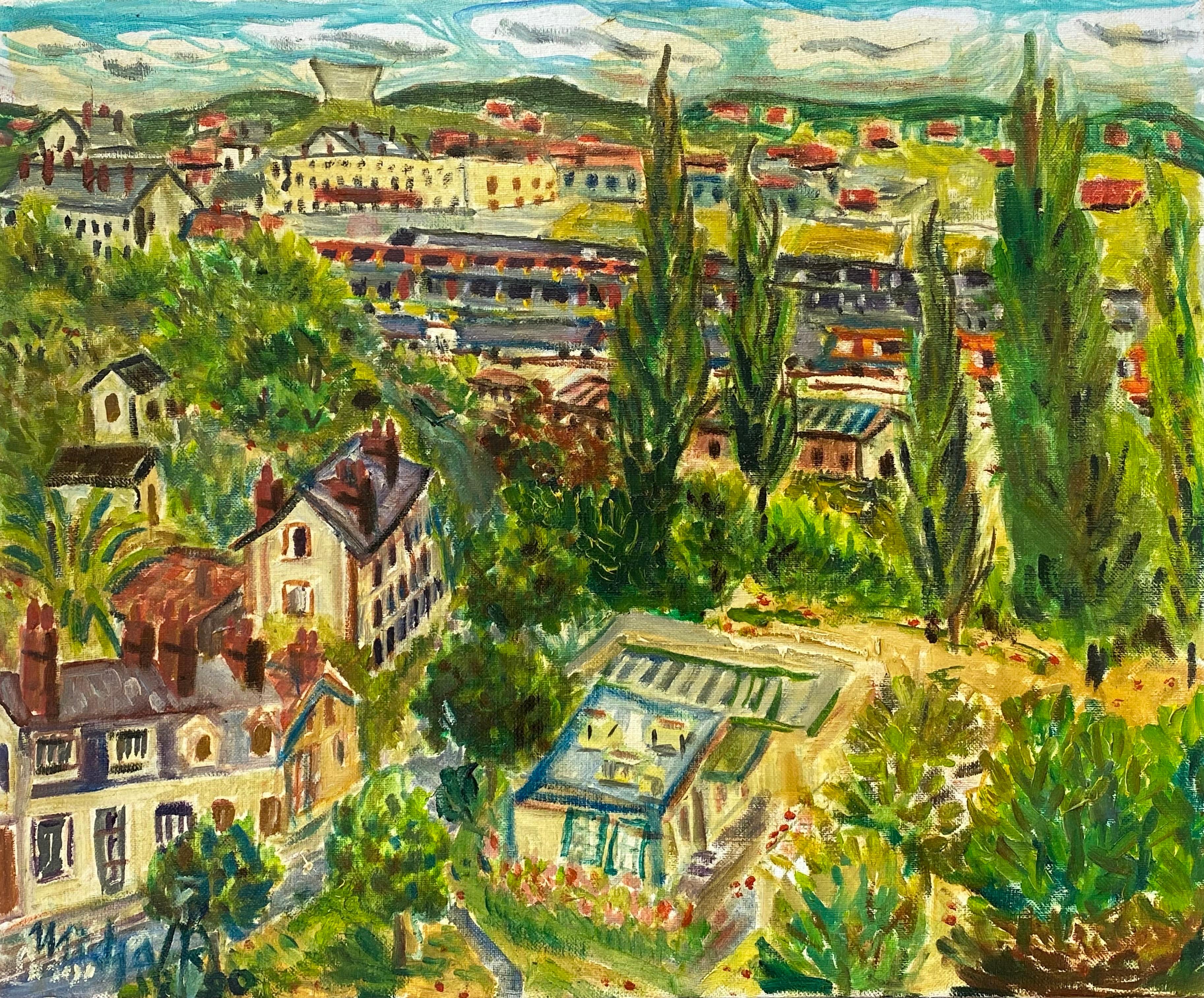 Abstract Painting di Post-Impressionist French - Grande dipinto a olio su tela francese post-impressionista del XX secolo Greene & Greene