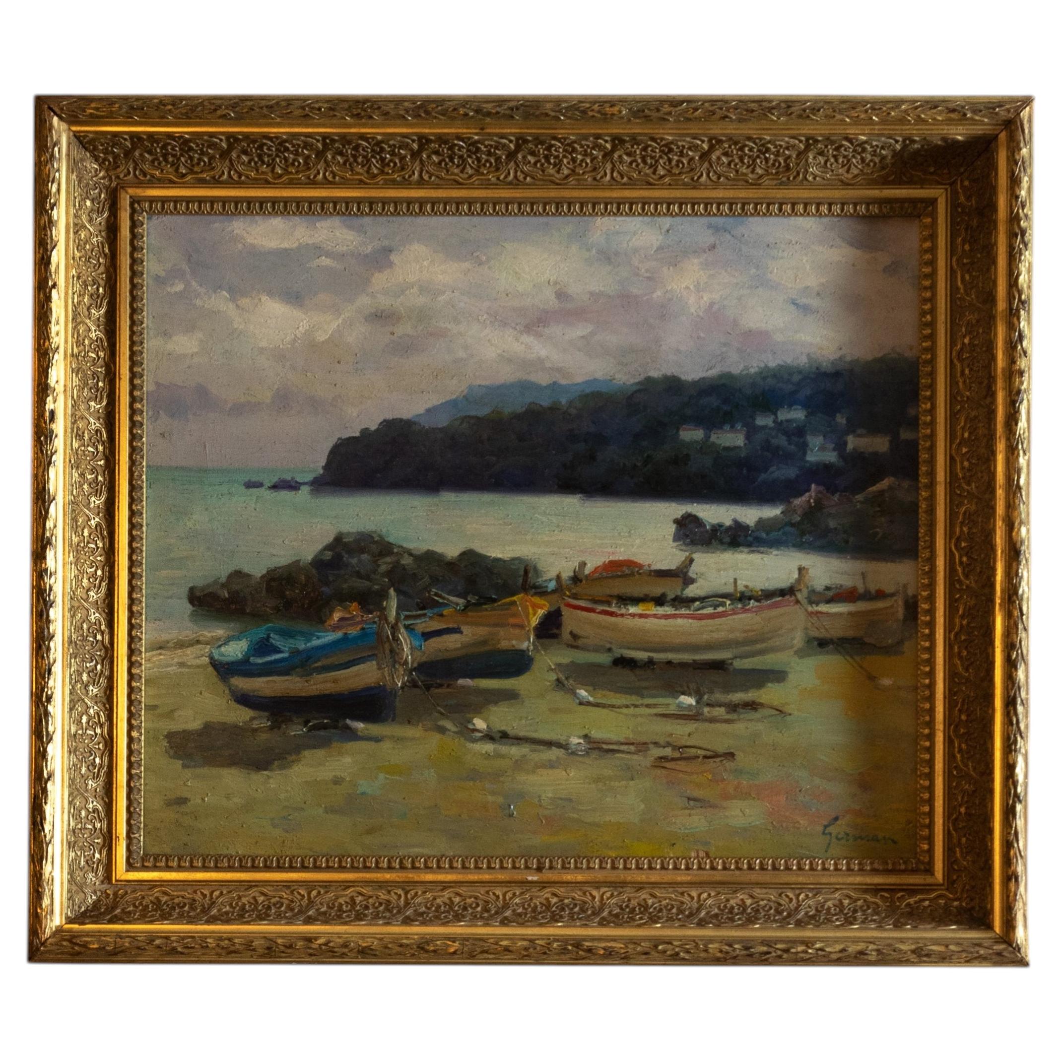 Post Impressionist Oil Painting of Coastal France, Maritime, Signed, 1930 For Sale