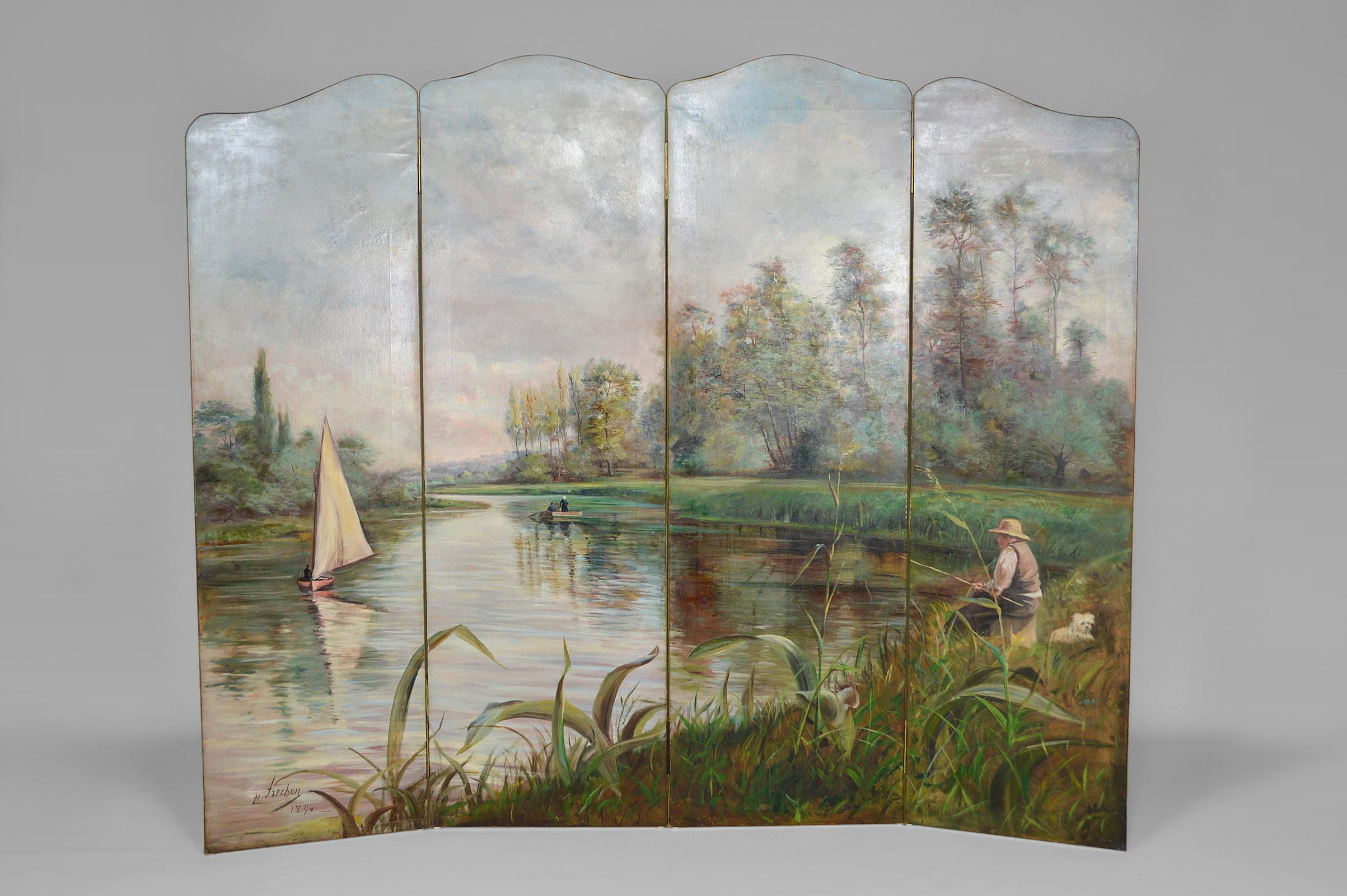 Superb impressionist folding screen with 4 panels in painted canvas.

The painting depicts the shores of a canal. We see a fisherman on the right bank, accompanied by his little white dog quietly sitting in the grass. The man observes the 2 boats
