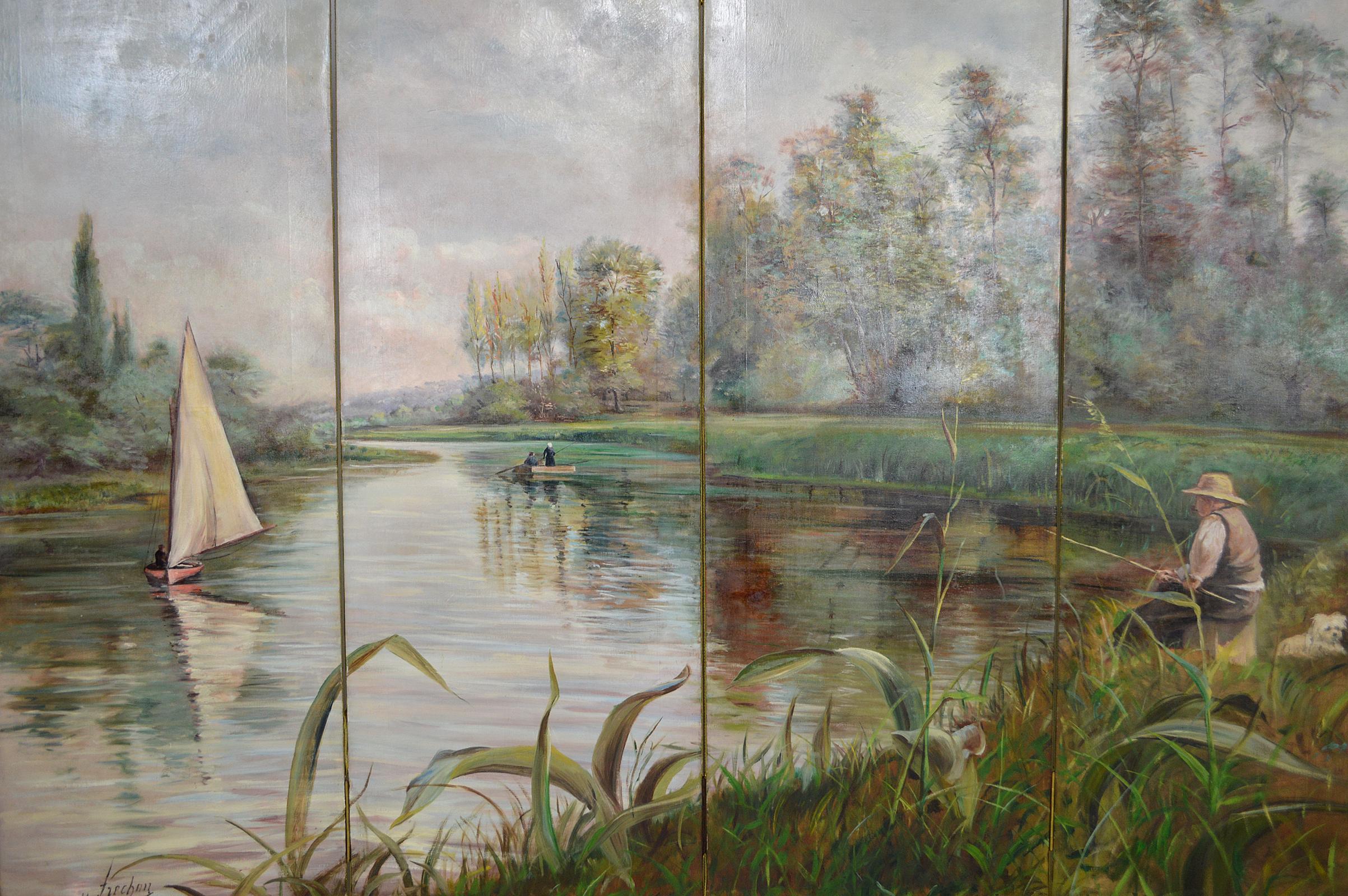 Belle Époque Post-Impressionist Painted Folding Screen by Charles Frechon, France, 1894 For Sale