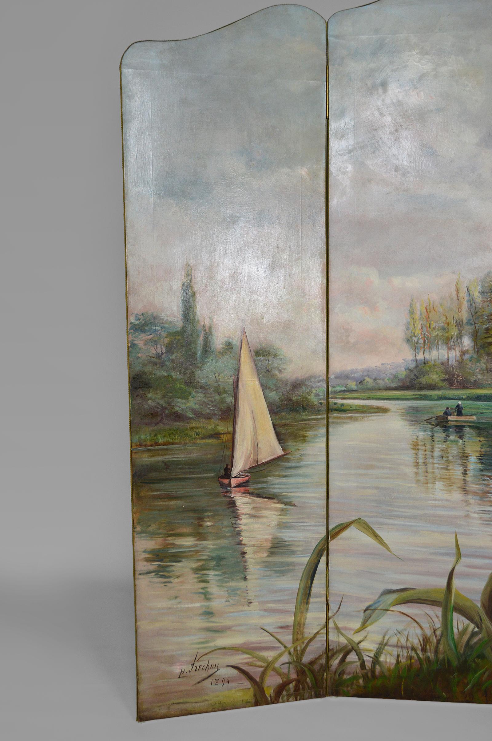 French Post-Impressionist Painted Folding Screen by Charles Frechon, France, 1894 For Sale